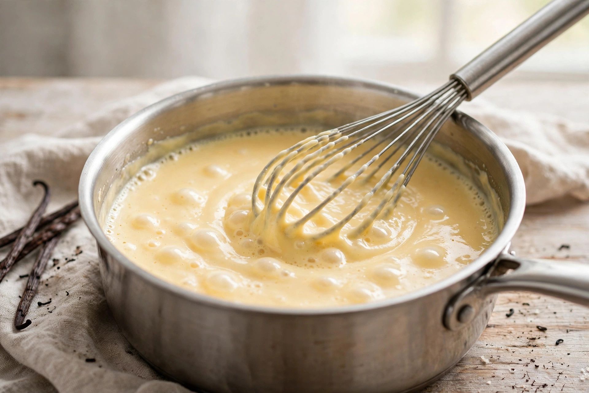 Whisking thick vanilla custard in a saucepan as it bubbles and turns silky