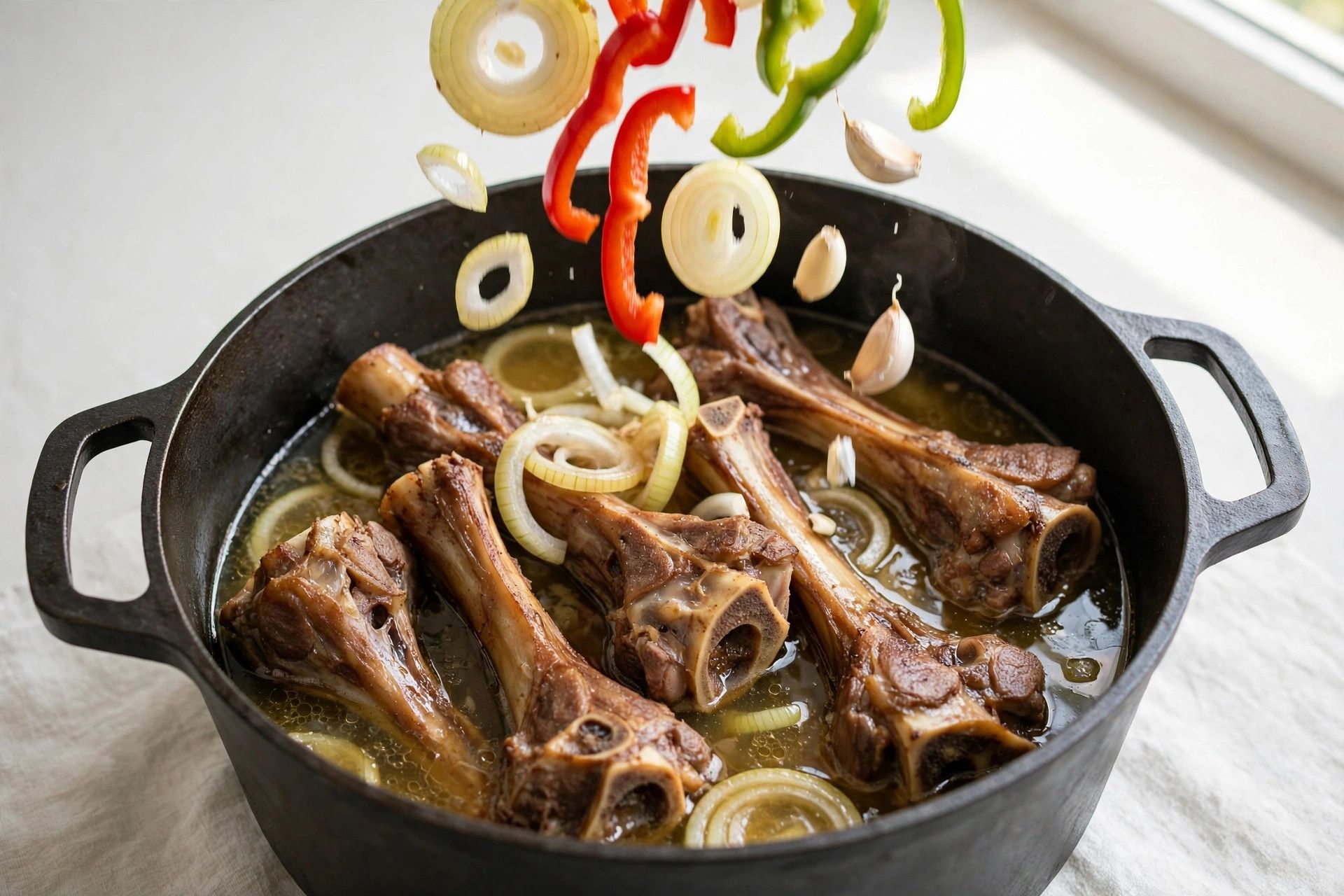Adding broth, sliced onion, bell pepper and garlic to the browned neck bones in the pot