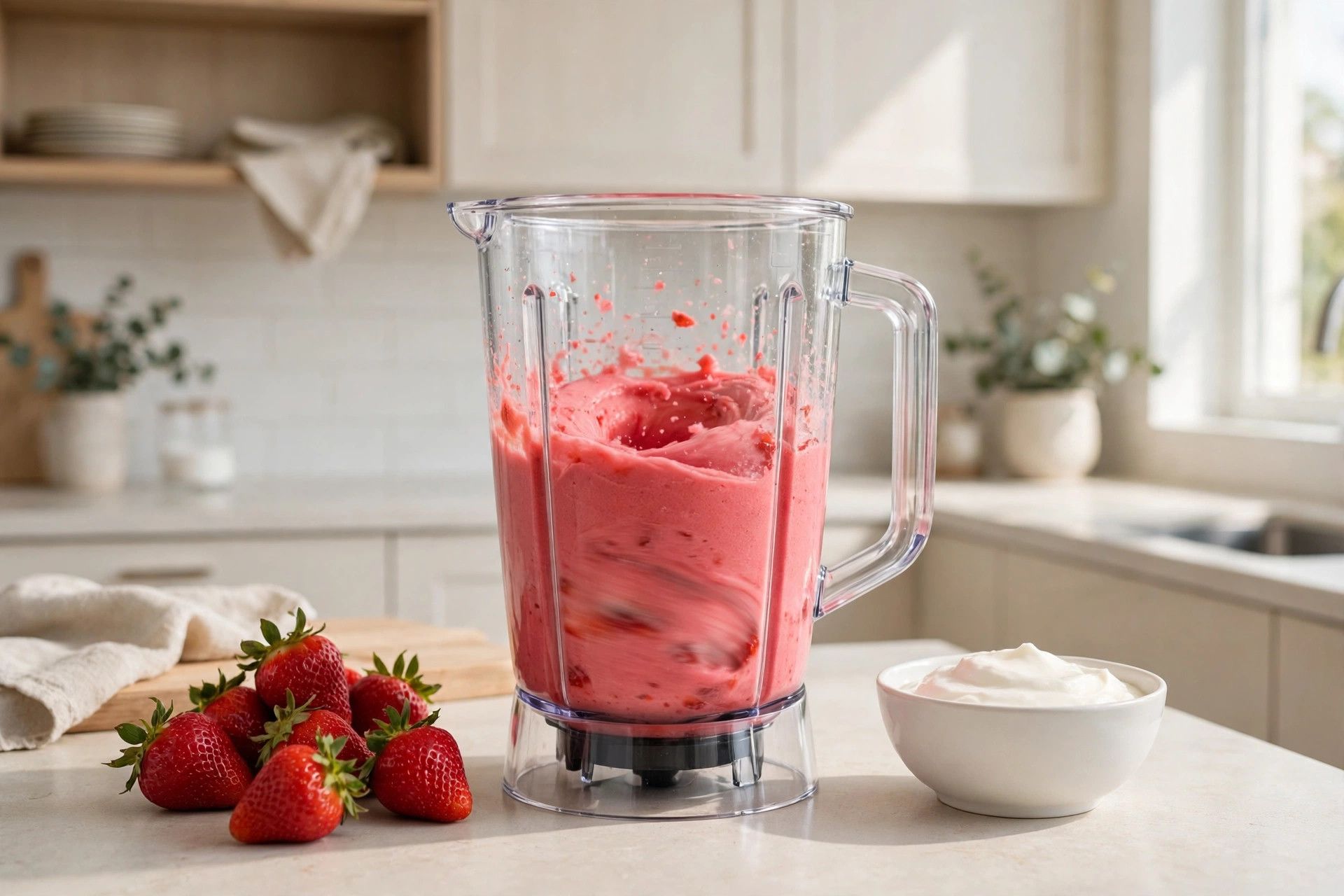 Blending the strawberry sorbet base until smooth and bright pink in a blender, with fresh strawberries beside it