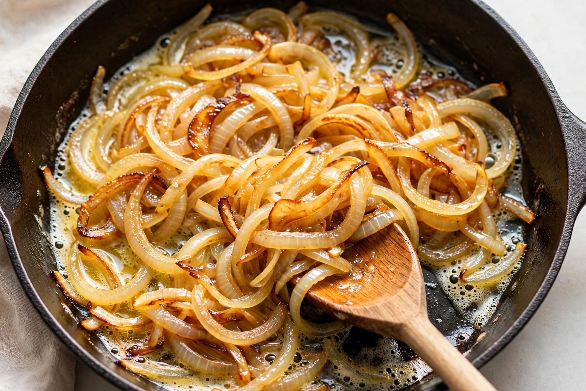 Thinly sliced onions caramelizing to golden brown in a skillet, being stirred with a wooden spoon