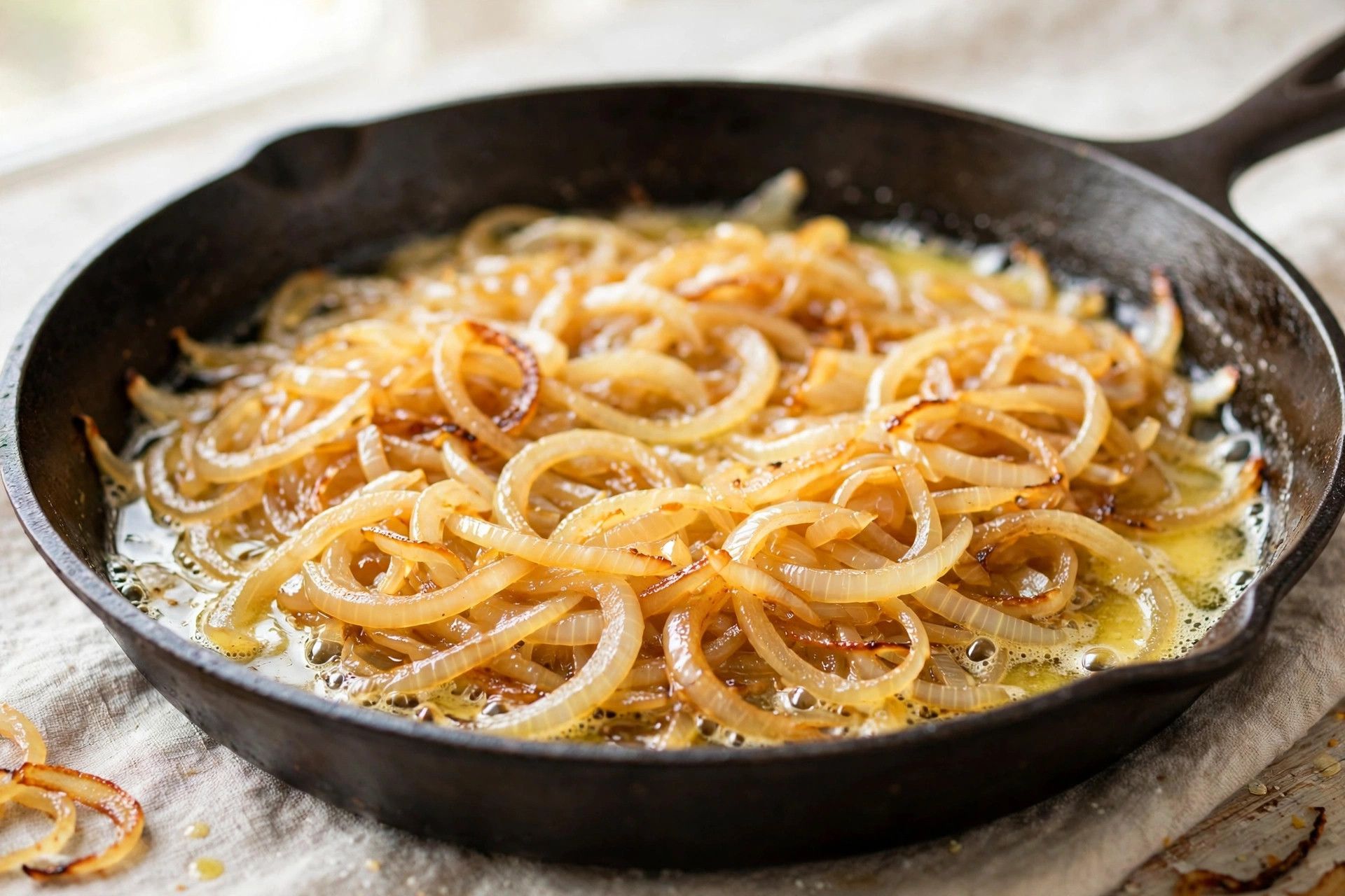 Sliced onions caramelizing to golden in a skillet with melted butter