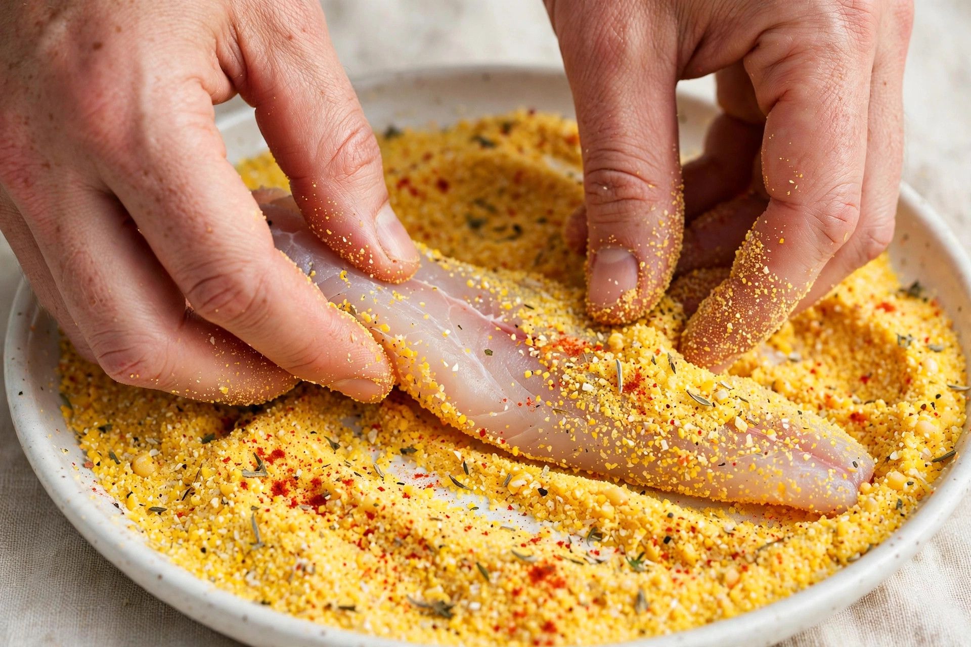 A catfish fillet being pressed into seasoned yellow cornmeal coating in a shallow dish