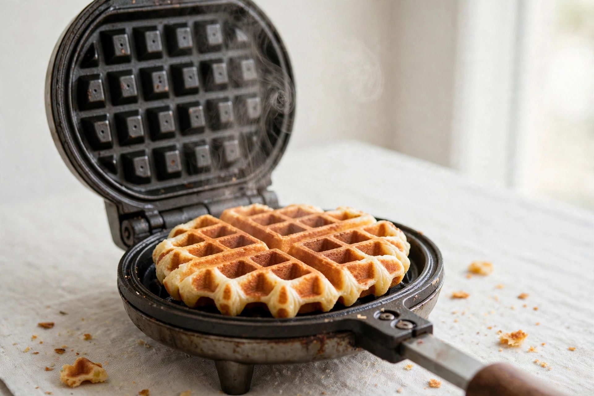 Golden waffles cooking in a waffle iron with steam rising