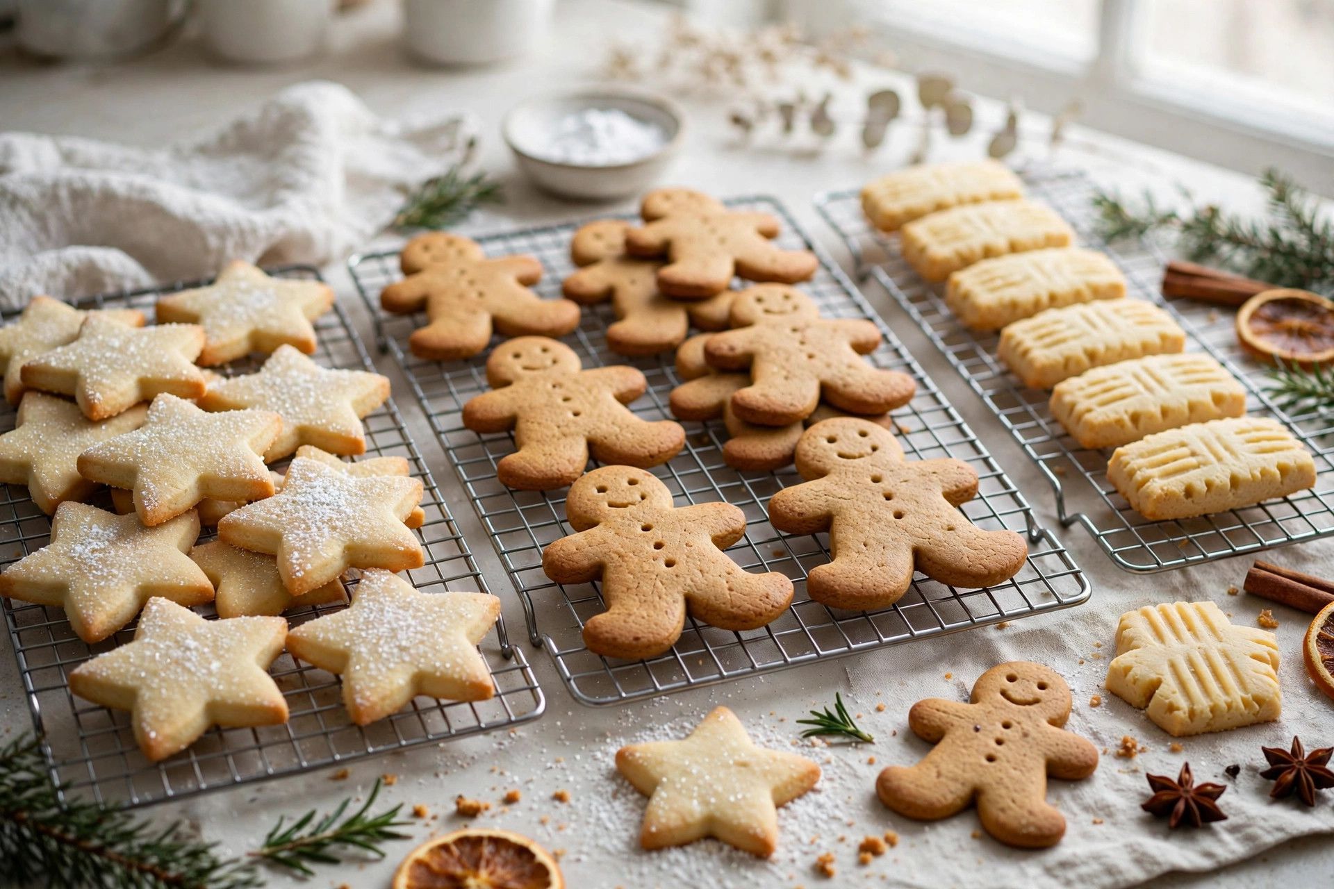 Christmas cookies cooling on wire racks, including sugar cookie stars, gingerbread men and shortbread fingers