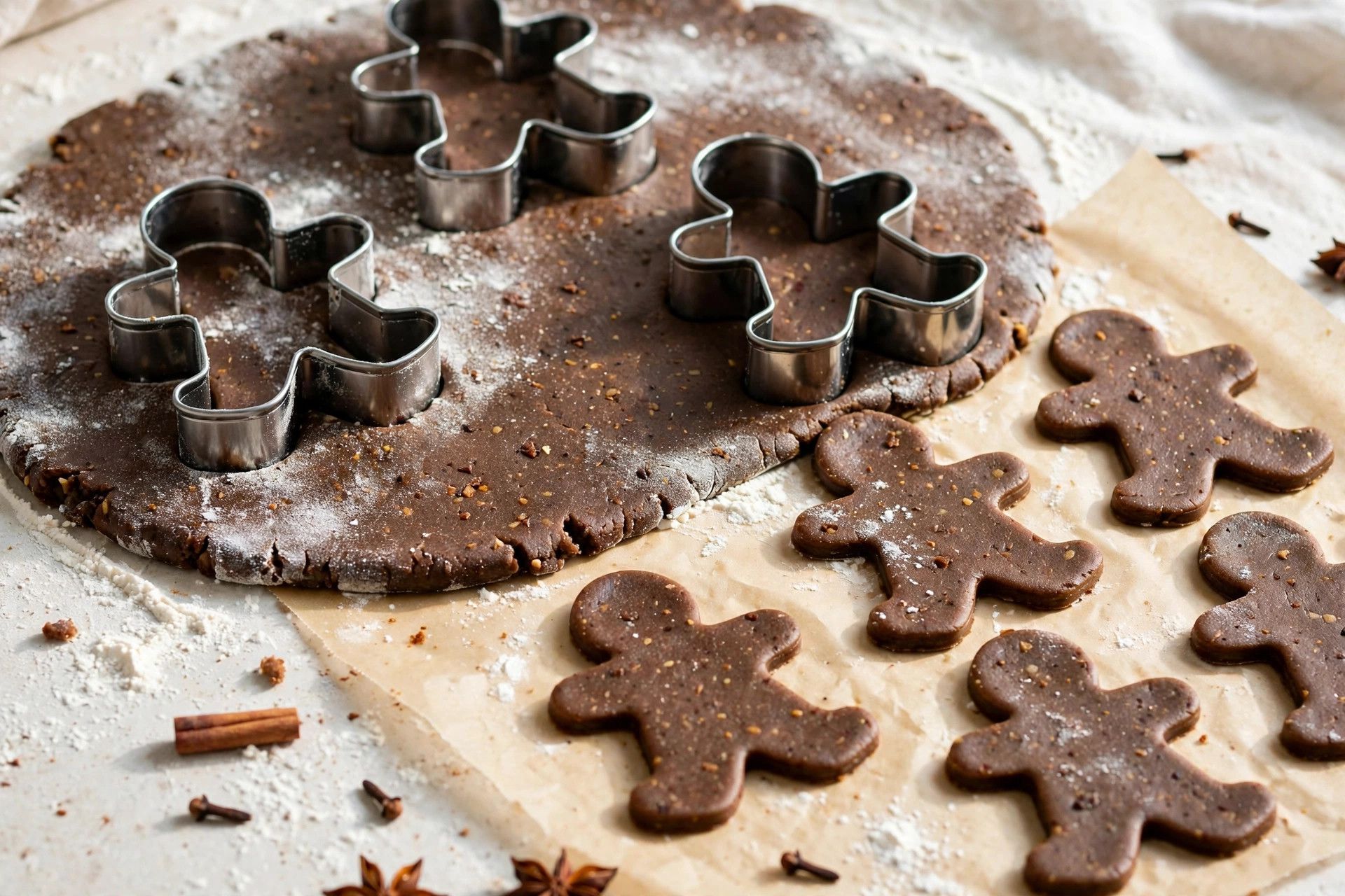 Gingerbread man cutters pressed into rolled dark spiced dough, cut shapes on parchment