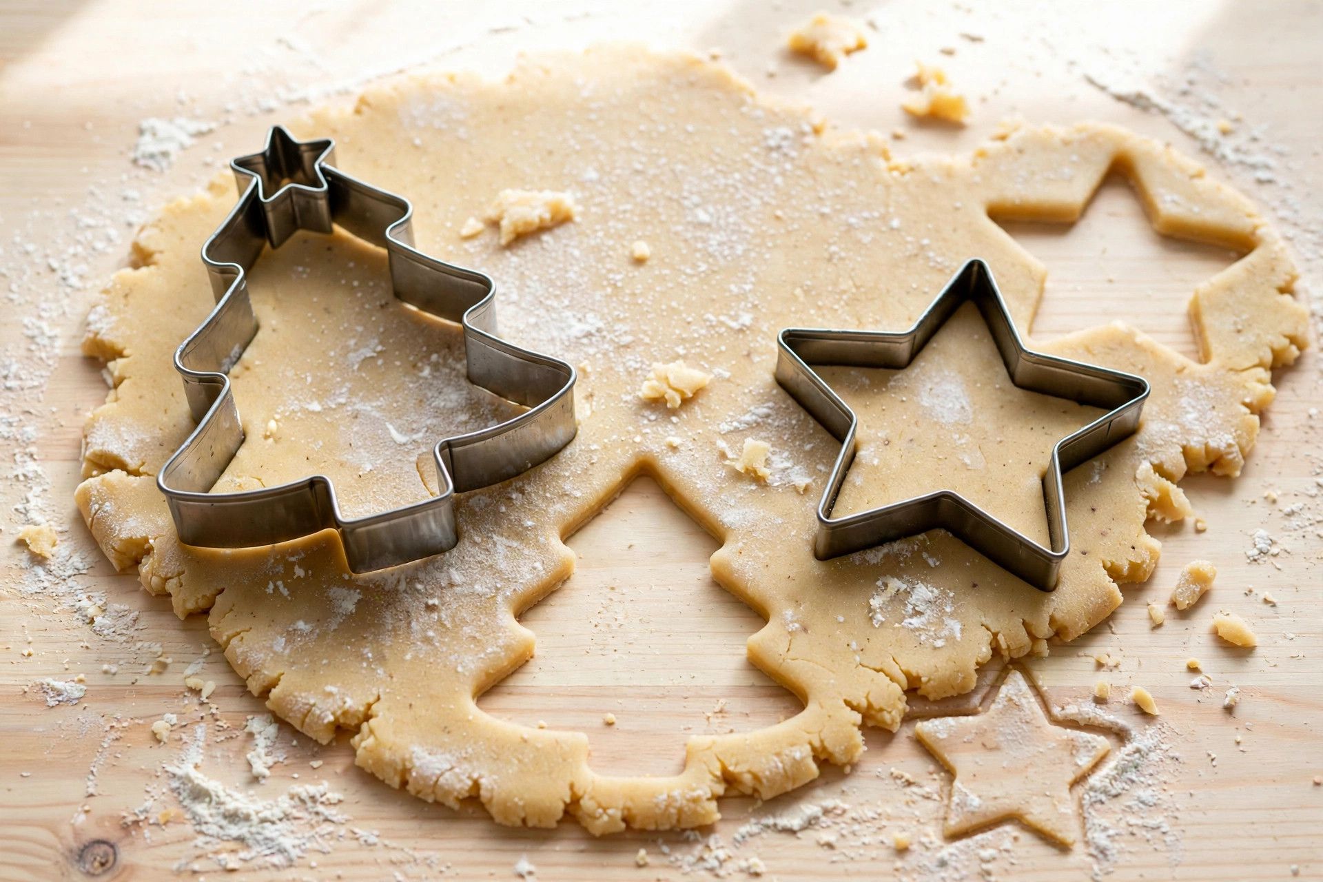 Cutting Christmas tree and star shapes from rolled cookie dough with metal cookie cutters