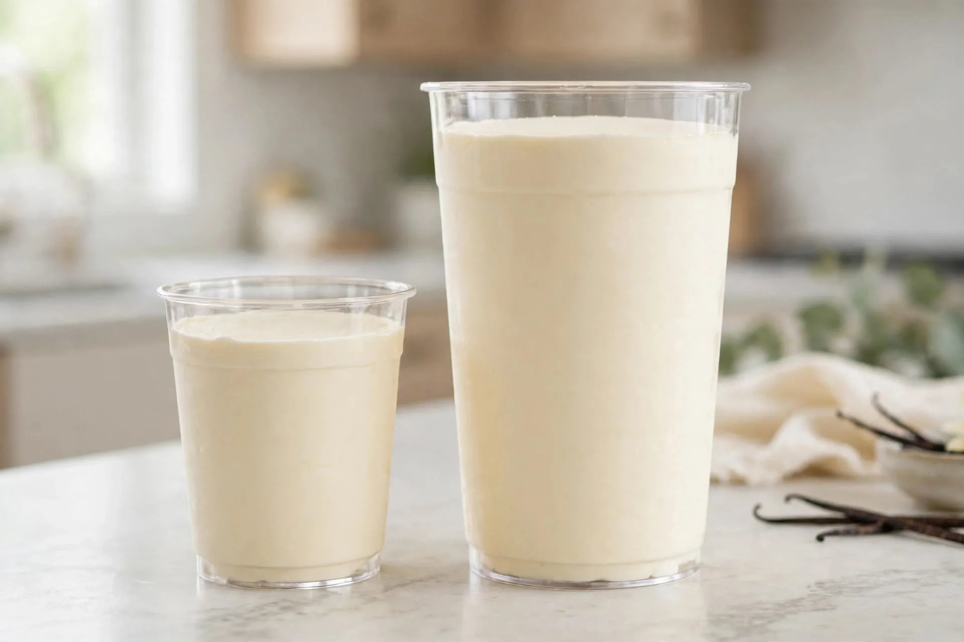 A tall Deluxe style pint next to a smaller Regular style pint on a kitchen counter, showing the size difference
