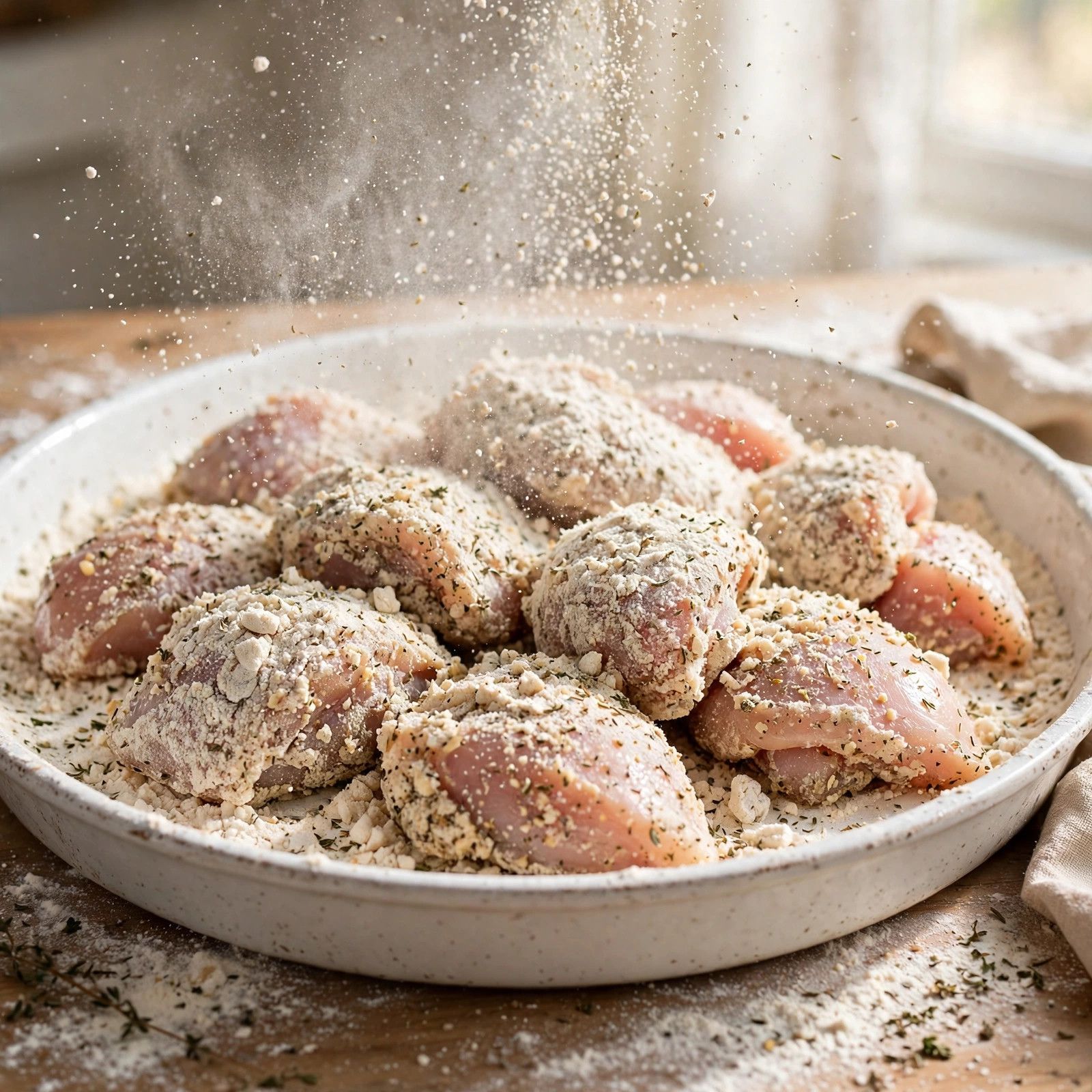 Chicken pieces being coated in seasoned flour in a shallow baking dish, building a thick craggy crust