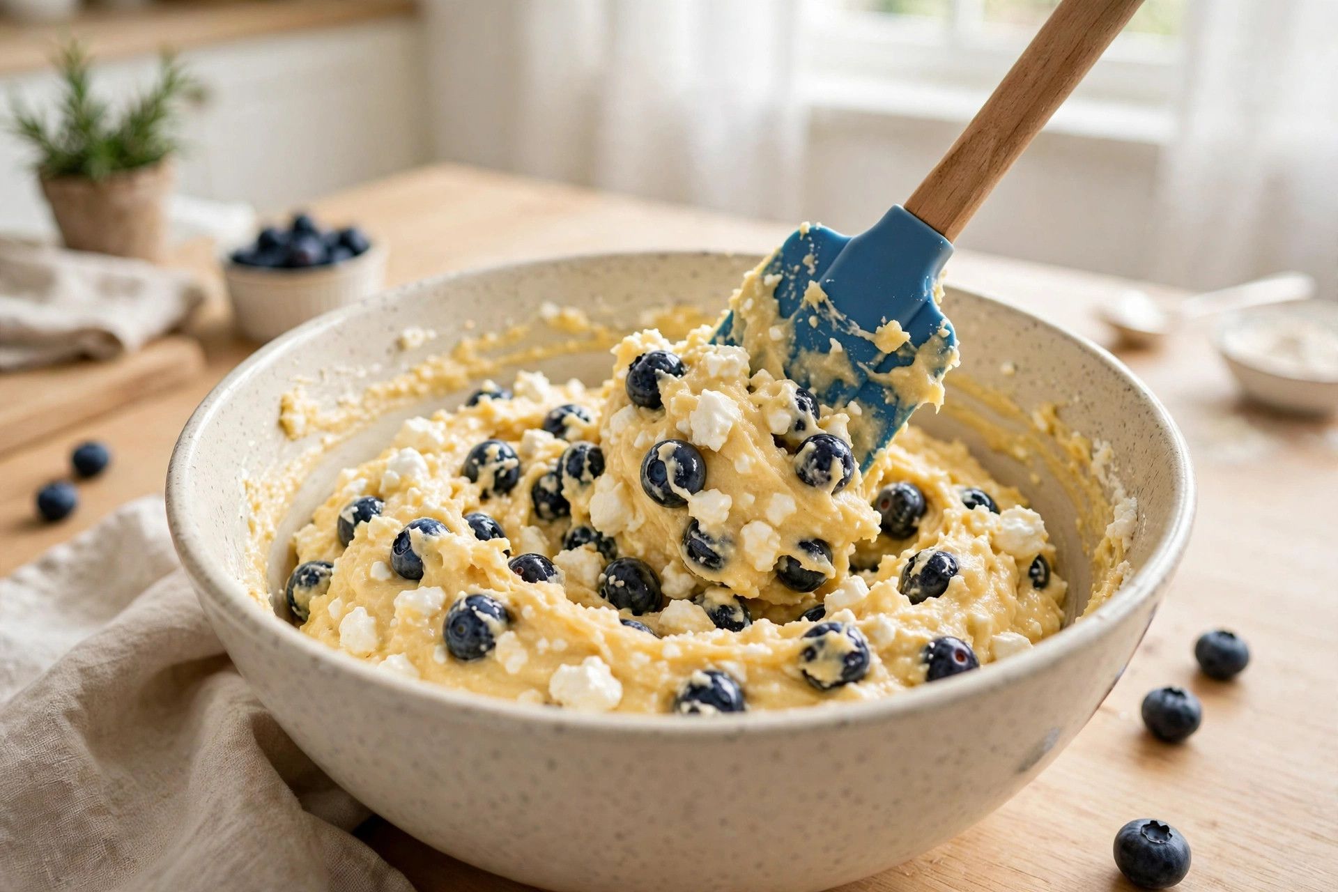 Folding fresh blueberries into thick cottage cheese muffin batter in a mixing bowl with a spatula