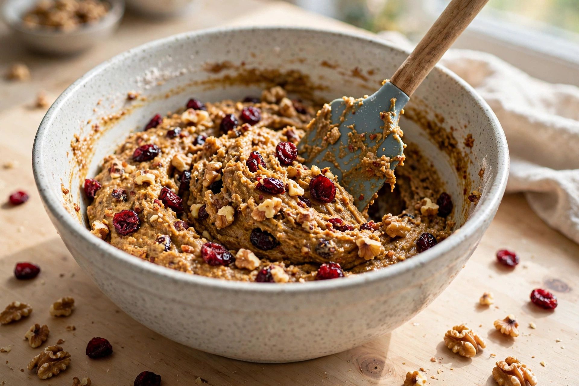 Folding dried cranberries and chopped walnuts into the spiced holiday bread batter with a spatula