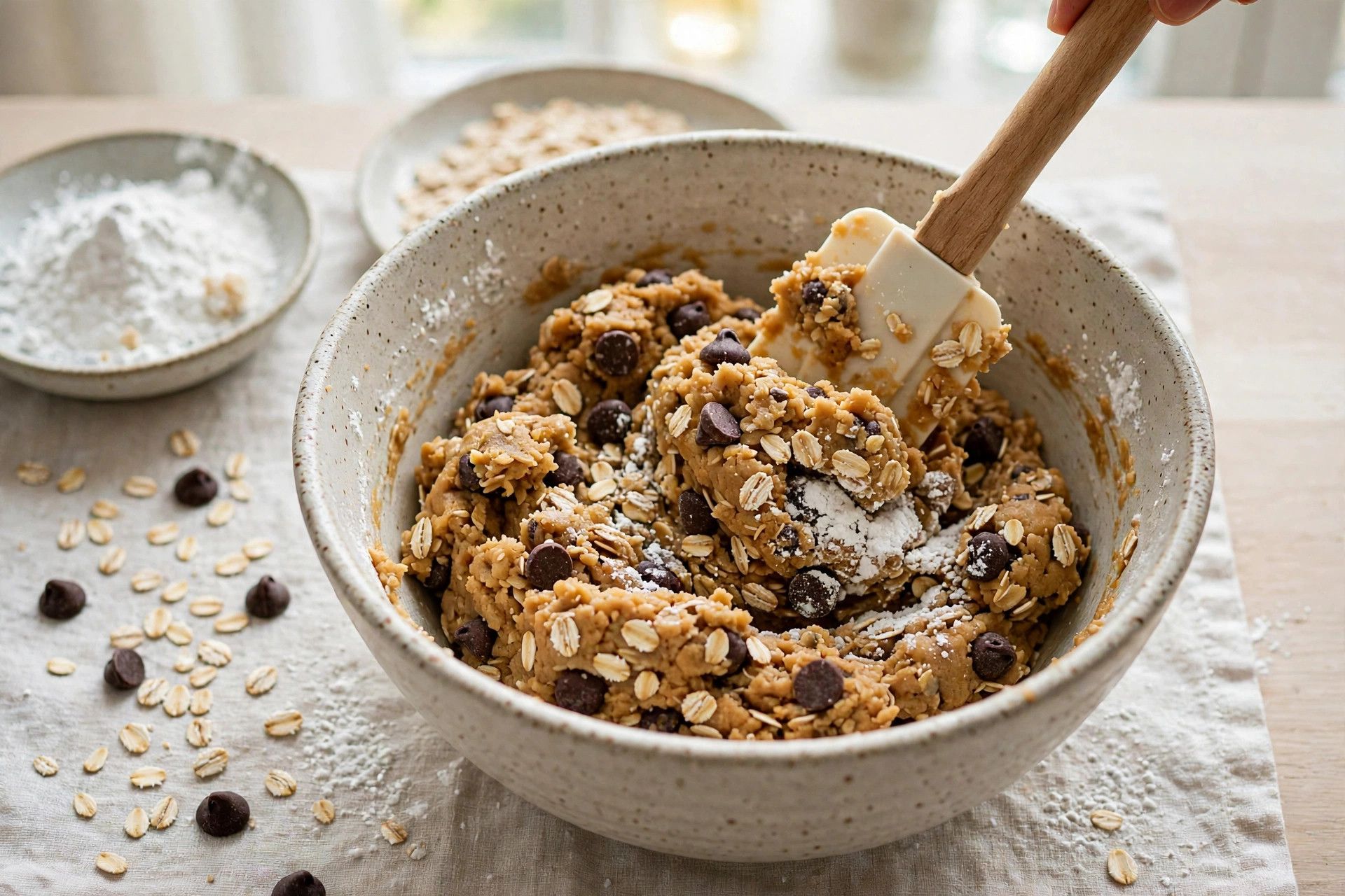 Mixing cottage cheese protein cookie batter with oats and chocolate chips in a bowl