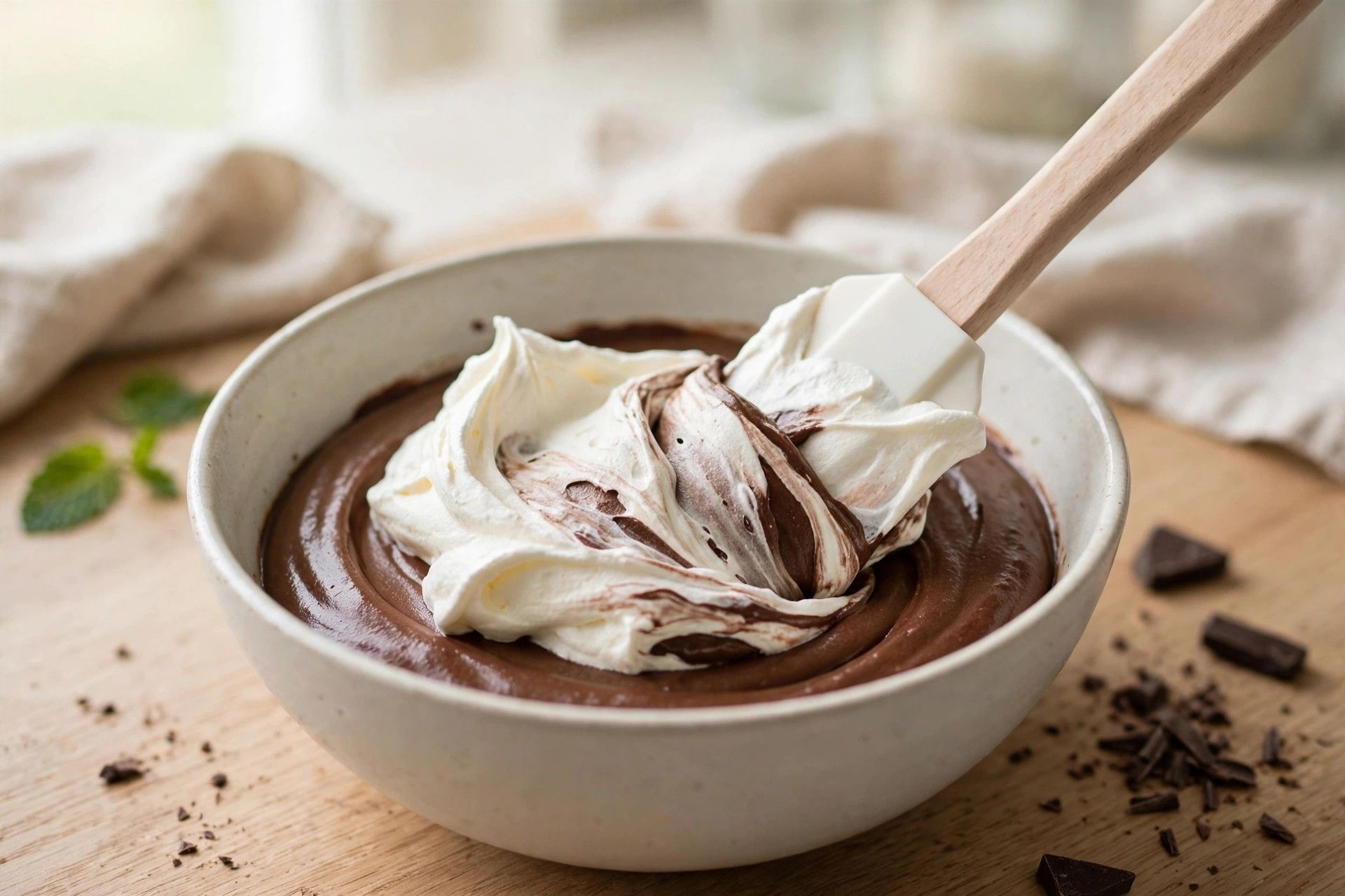 Folding softly whipped cream into the smooth chocolate mousse base in a bowl with a spatula