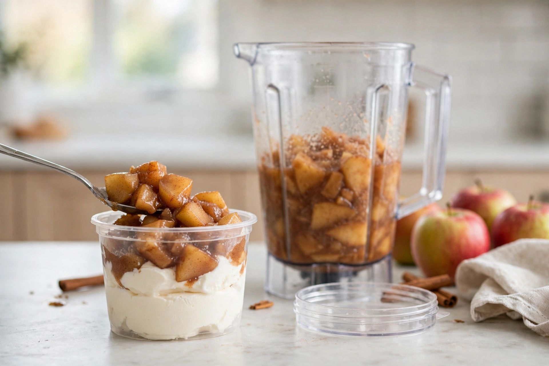 Layering the smooth apple pie protein ice cream base and cooked cinnamon apples in a Ninja Creami pint container