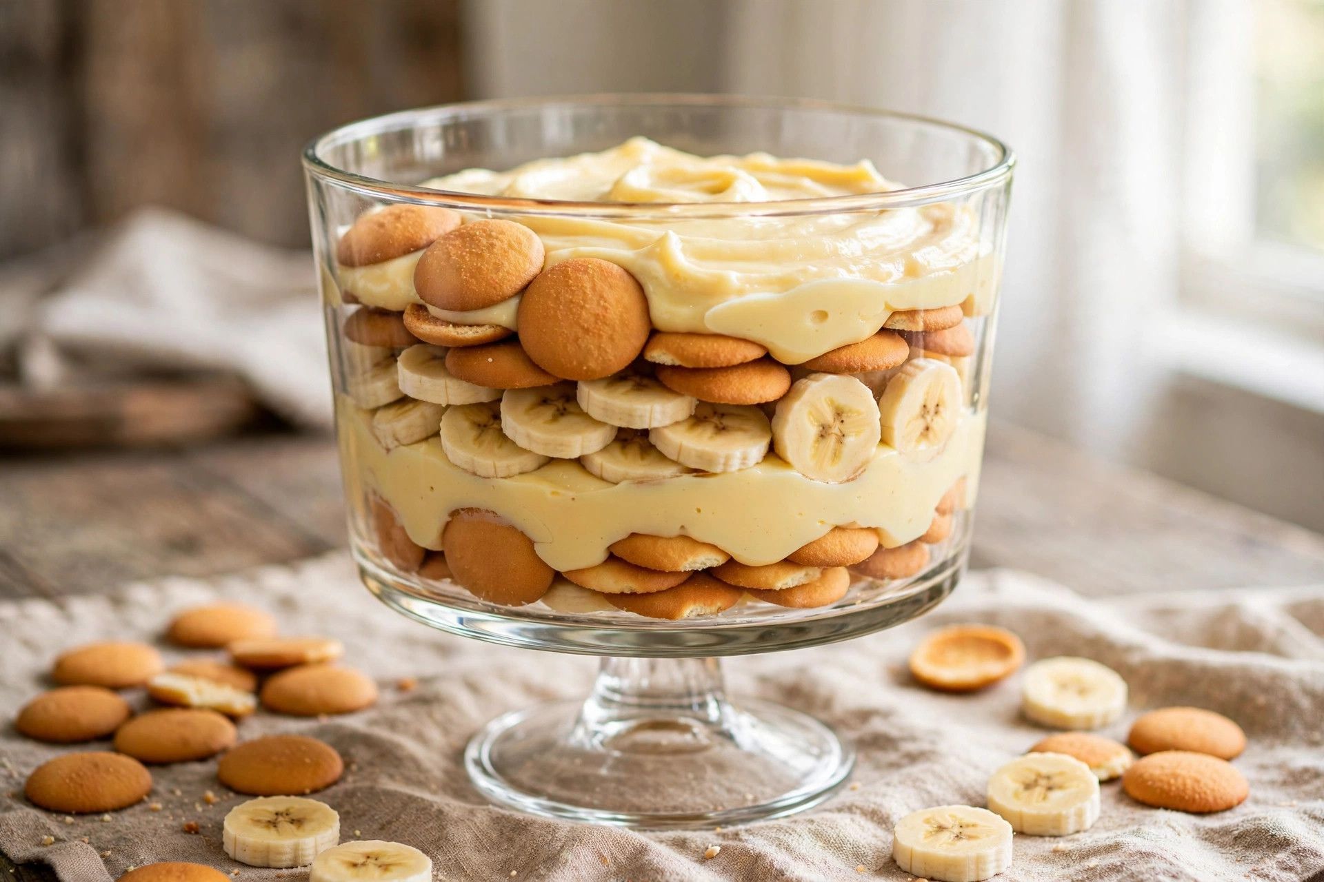 Layering vanilla wafers and sliced bananas with custard in a glass trifle dish