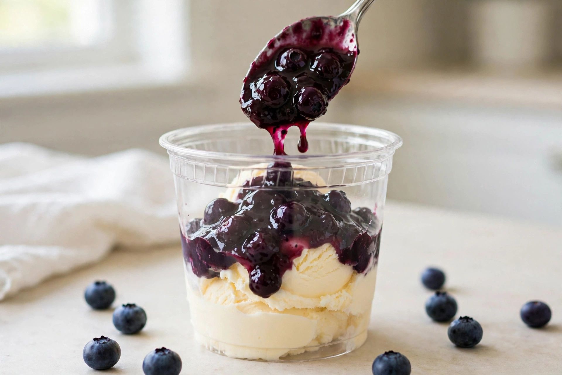 Layering the smooth vanilla ice cream base and blueberry compote in a Ninja Creami pint container
