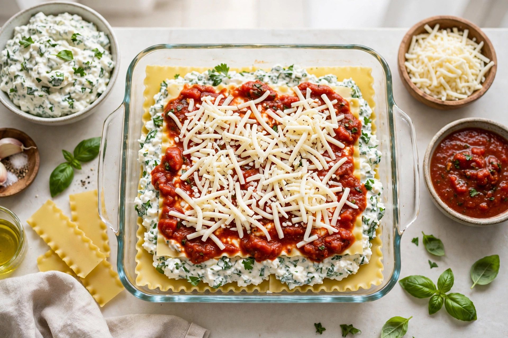 Layering lasagna noodles, marinara, cottage cheese filling and mozzarella in a square baking dish