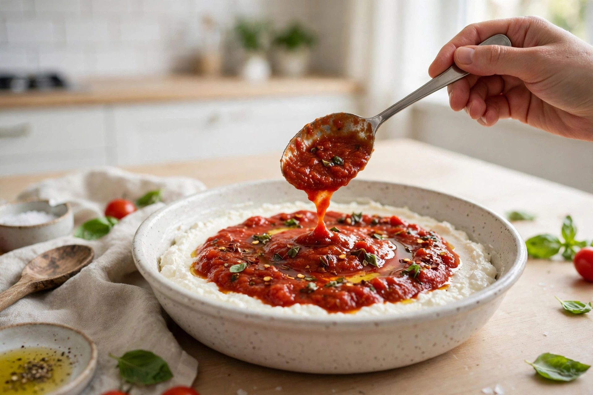 Layering a pizza bowl with blended cottage cheese, marinara, mozzarella and pepperoni in an oven safe bowl