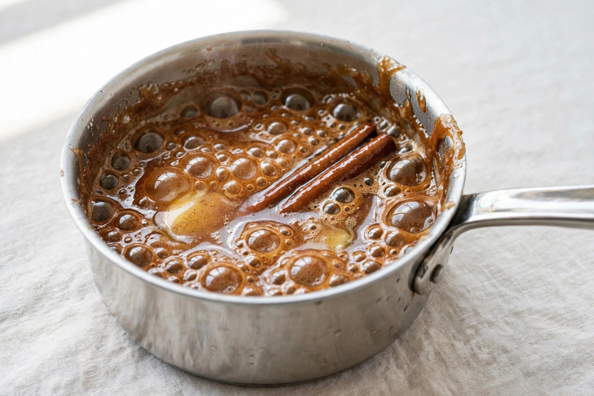 Melting butter with brown sugar and cinnamon into a glossy glaze in a small saucepan