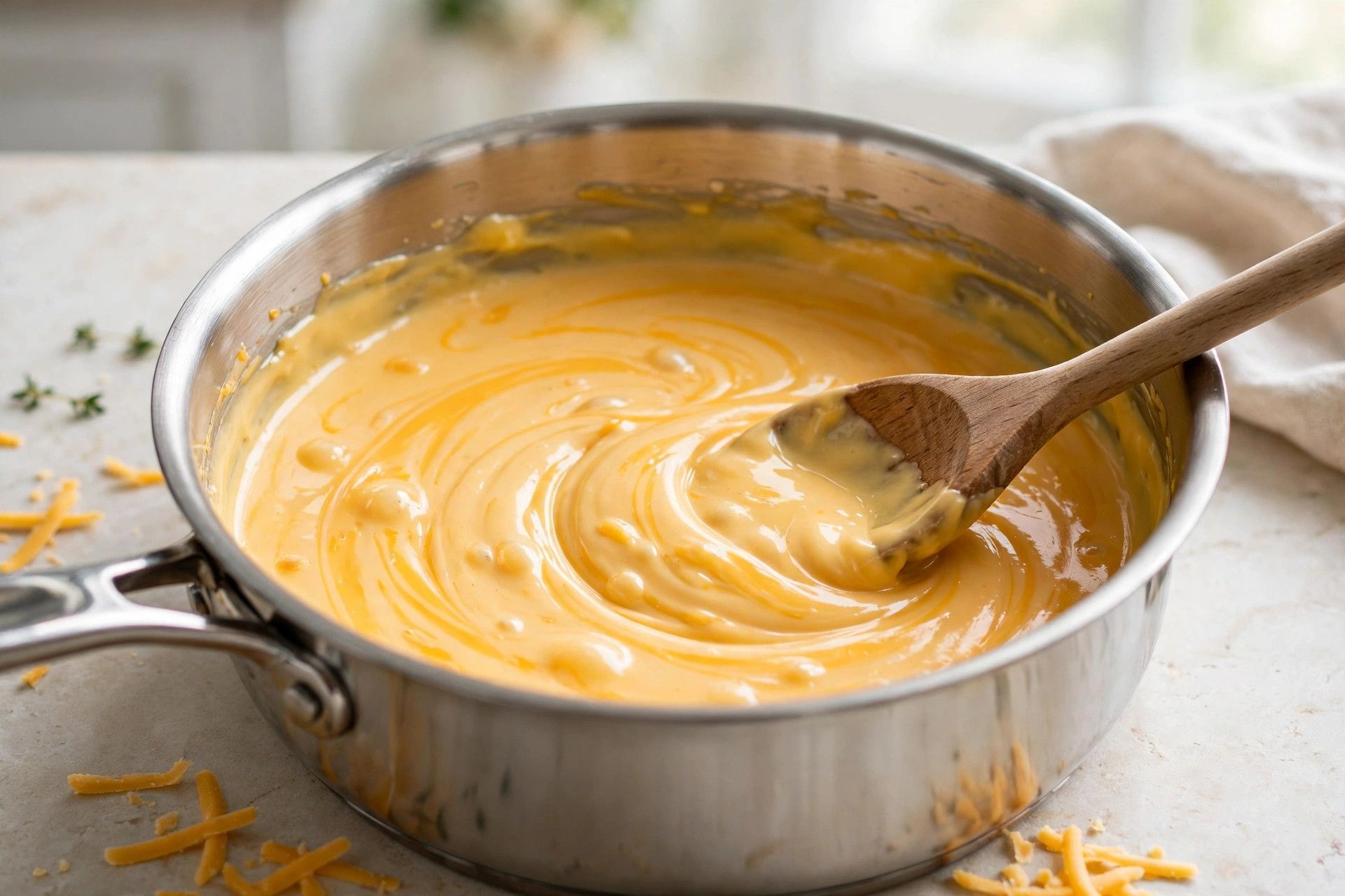 Creamy cheese sauce being whisked smooth in a saucepan, with melted cheddar swirling in