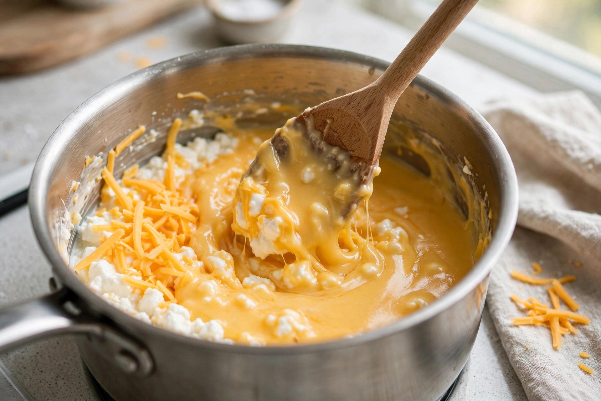 Stirring shredded cheddar into the smooth cottage cheese base in a saucepan as it melts into a glossy sauce