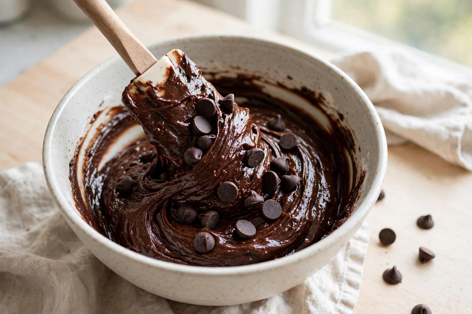 Thick glossy chocolate brownie batter in a mixing bowl with dark chocolate chips folded through it