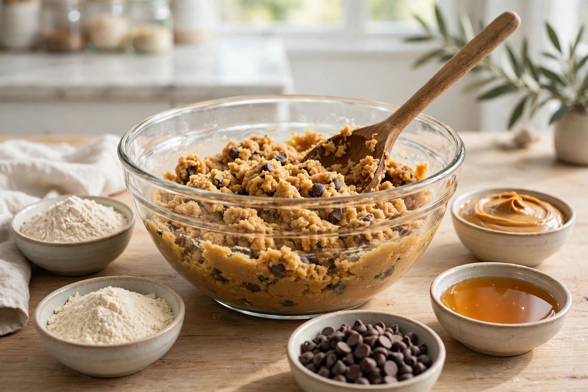Mixing the smooth cottage cheese with almond flour, protein powder, peanut butter and honey in a large bowl