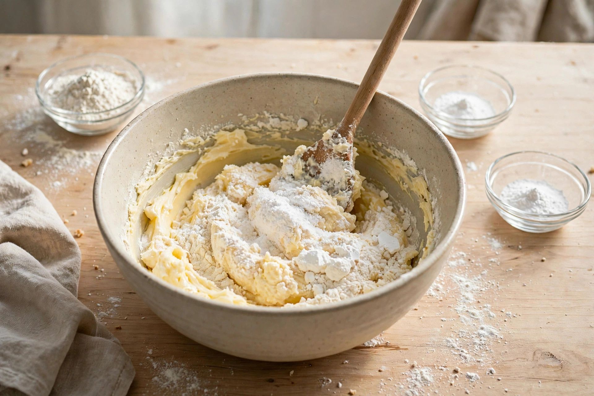 Mixing flour, cream of tartar and baking soda into the creamed butter and sugar for snickerdoodles