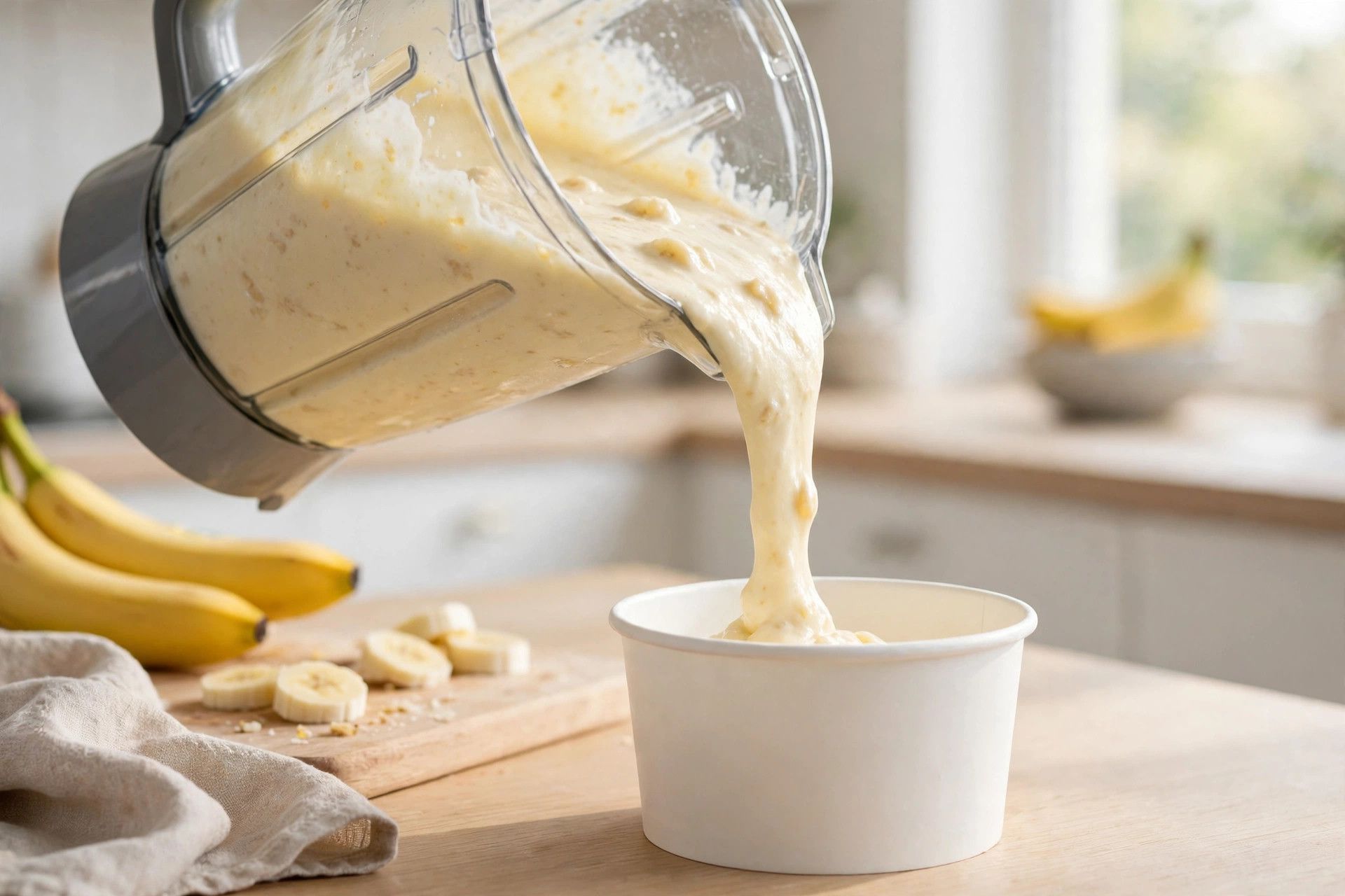Pouring the creamy banana ice cream base from a blender jug into a Ninja Creami pint container