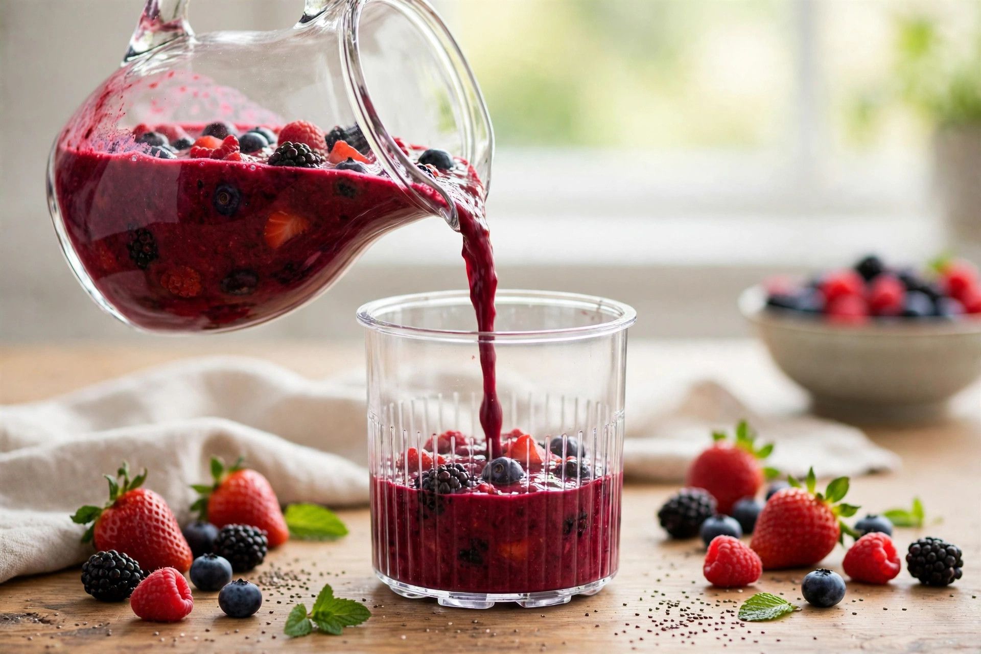 Pouring the mixed berry sorbet base into a Ninja Creami pint container