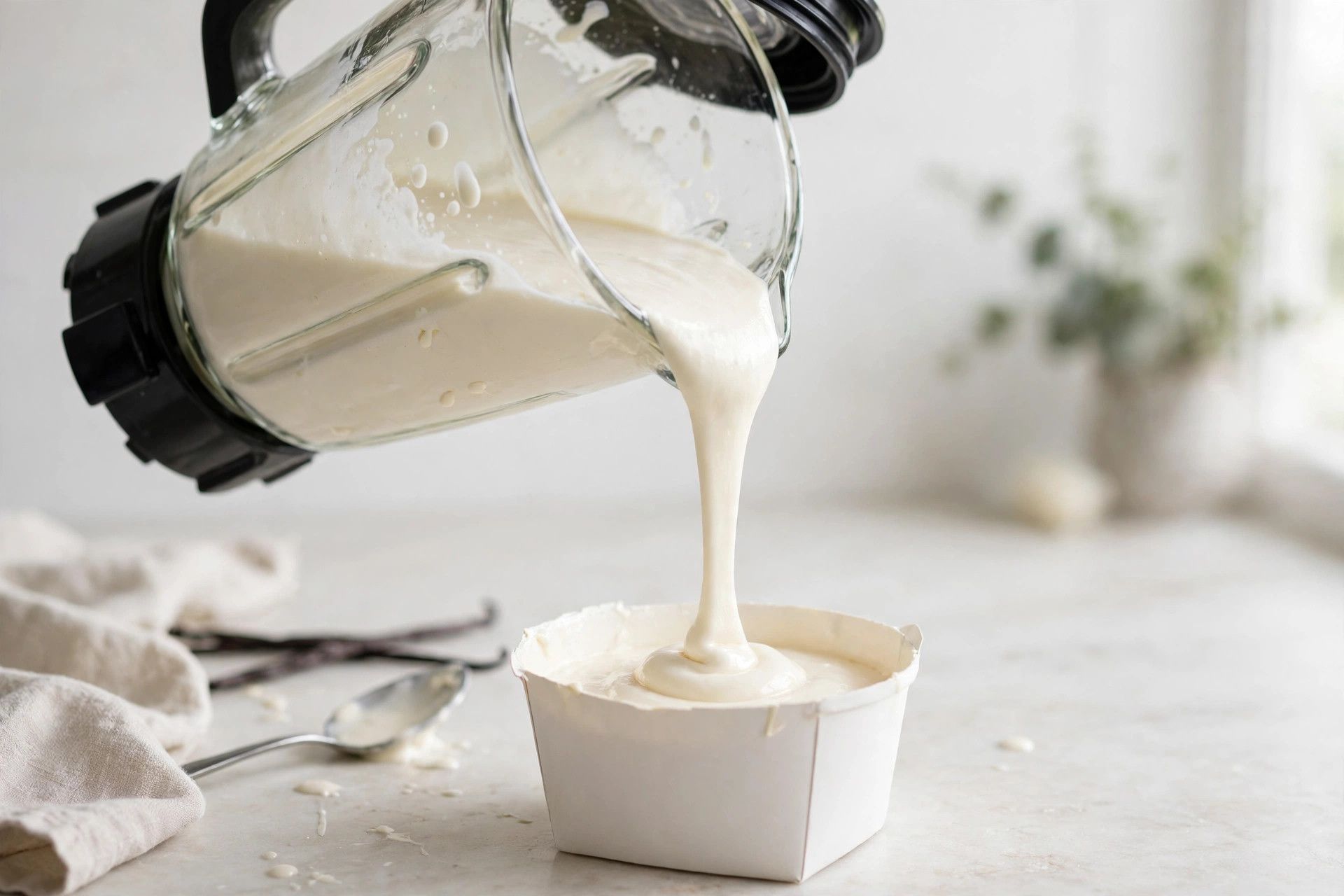 Pouring the smooth birthday cake ice cream base from a blender jug into a Ninja Creami pint container