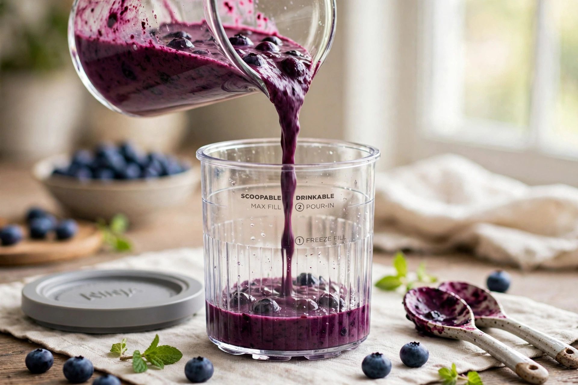 Pouring the purple blueberry ice cream base into a Ninja Creami pint container