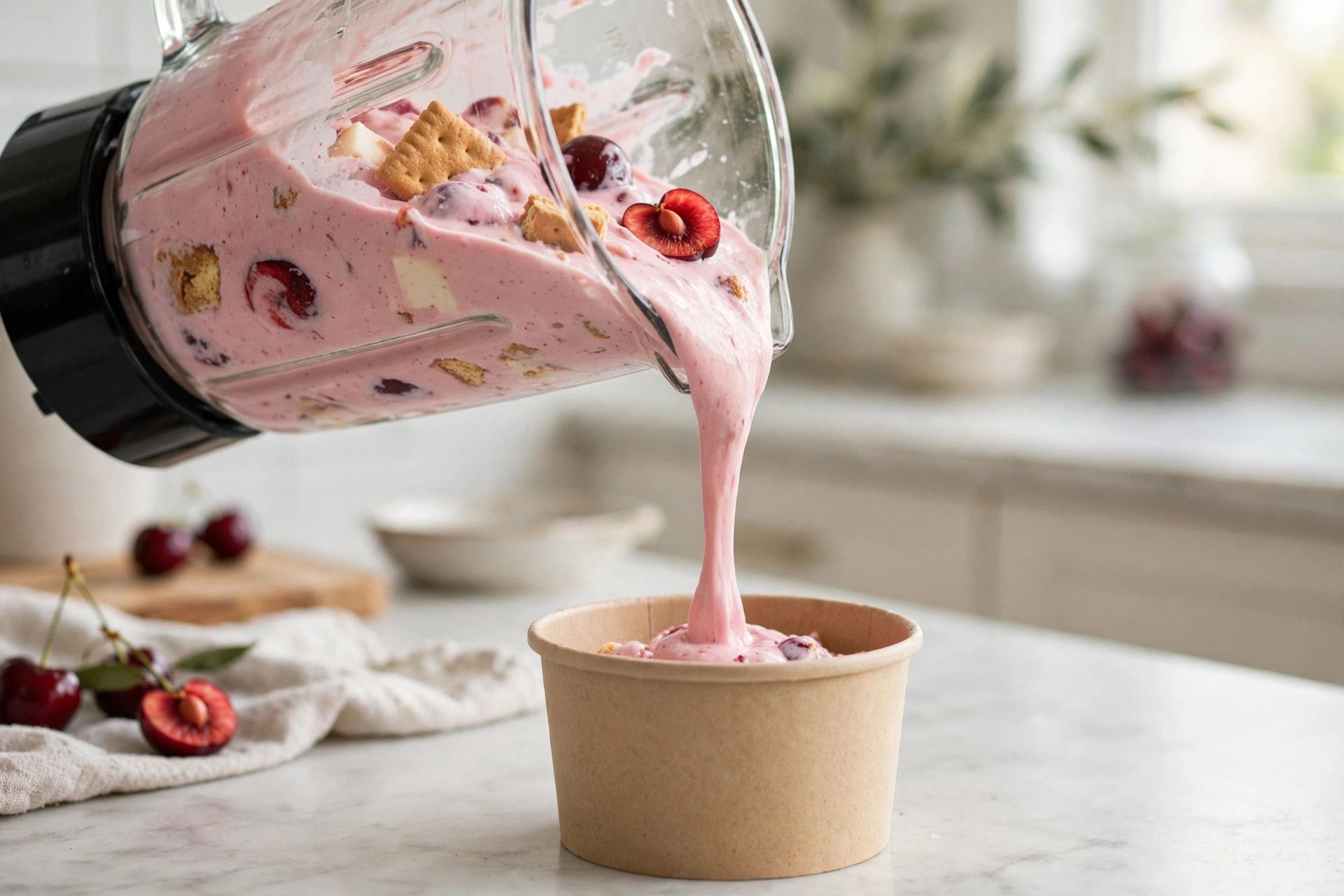 Pouring the pink cherry cheesecake base from a blender jug into a Ninja Creami pint container