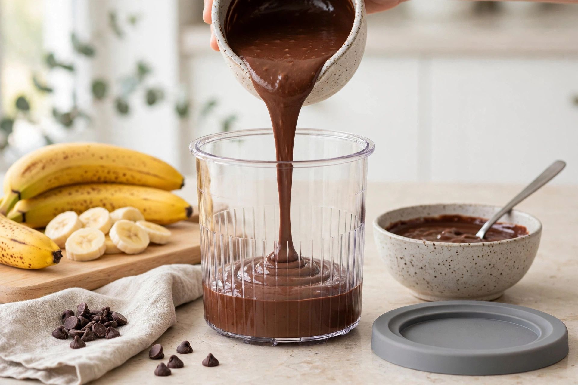 Pouring the smooth chocolate banana base from a blender jug into a Ninja Creami pint container
