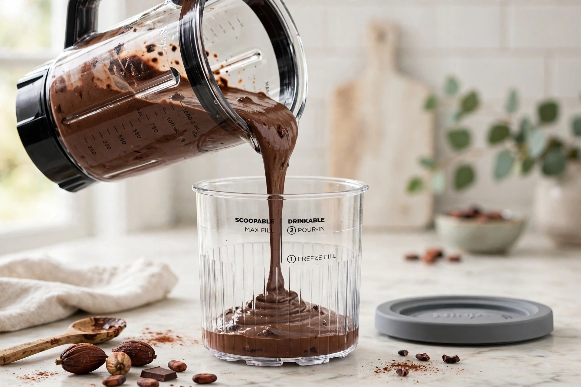 Pouring the smooth chocolate ice cream base from a blender jug into a Ninja Creami pint container