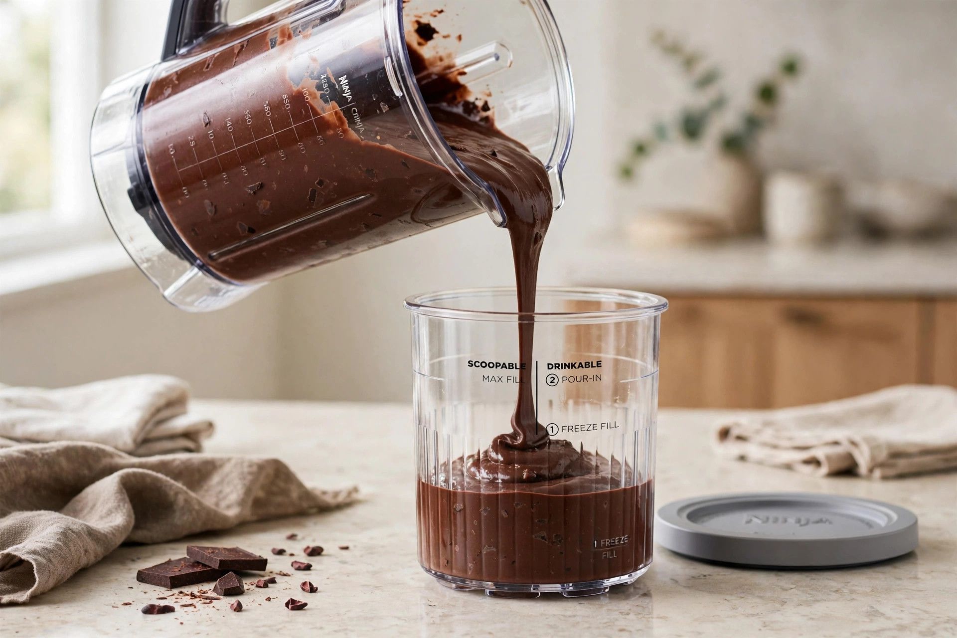 Pouring the dark chocolate fudge ice cream base from a blender jug into a Ninja Creami pint container
