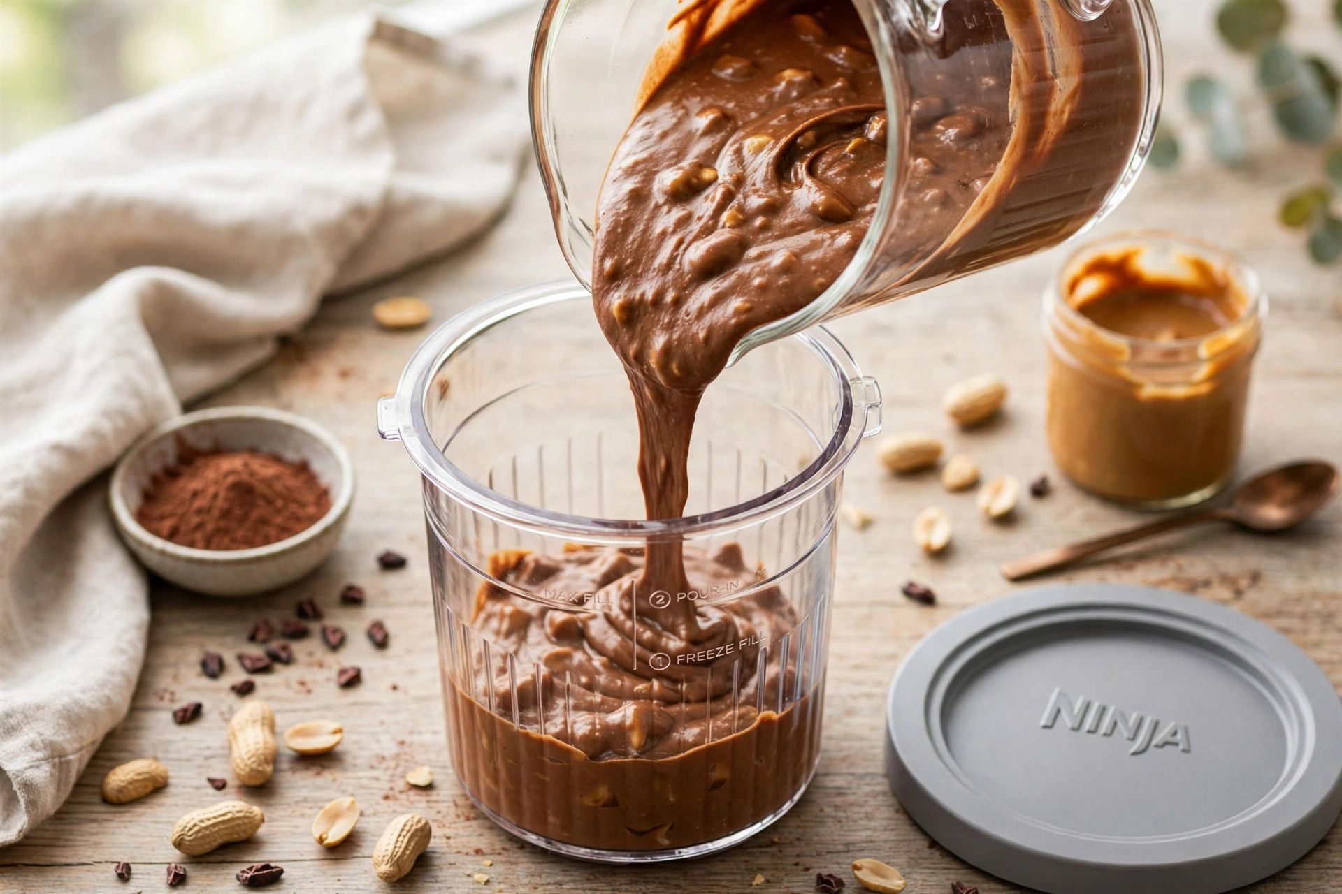 Pouring the chocolate peanut butter ice cream base into a Ninja Creami pint container