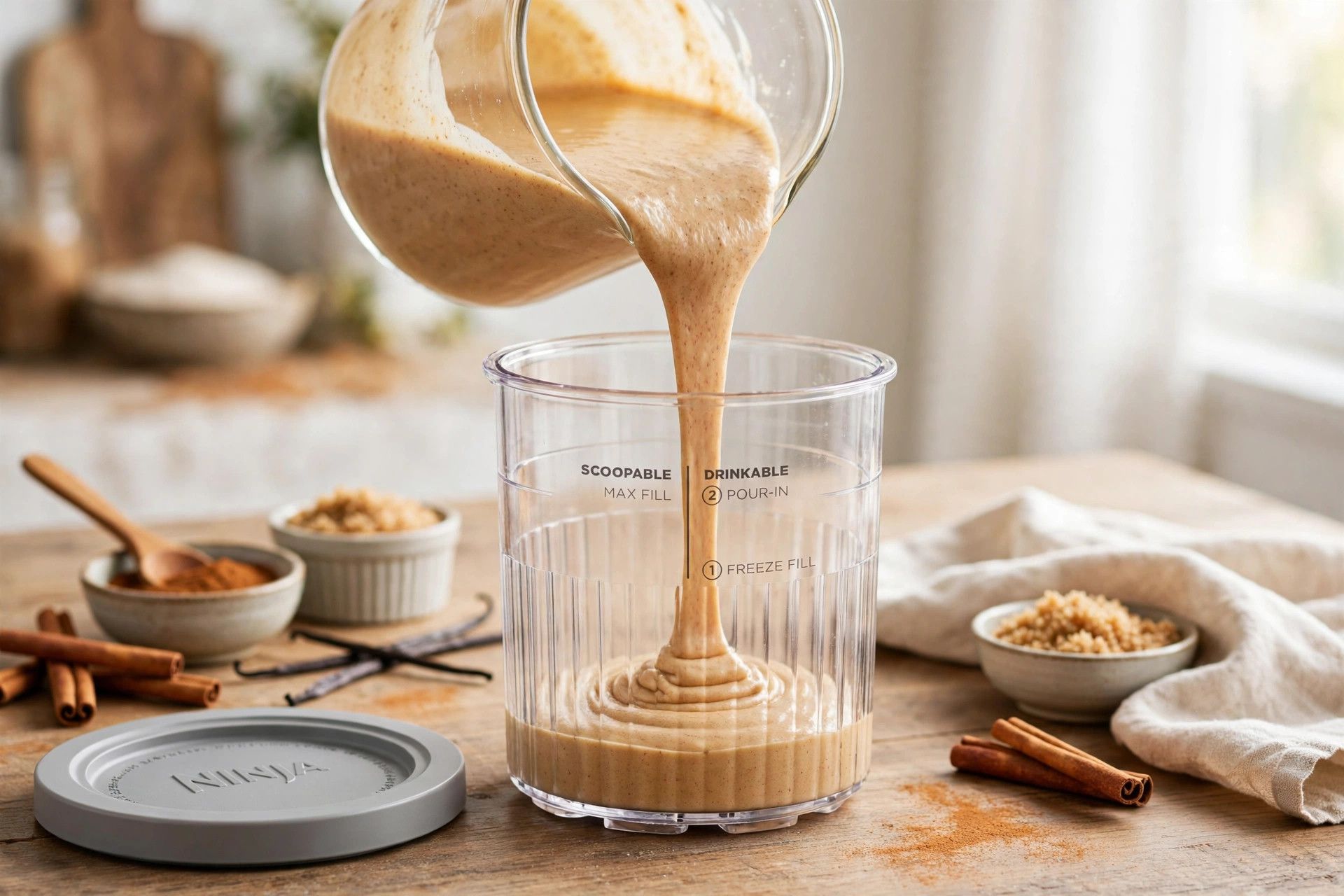 Pouring the churro ice cream base into a Ninja Creami pint container