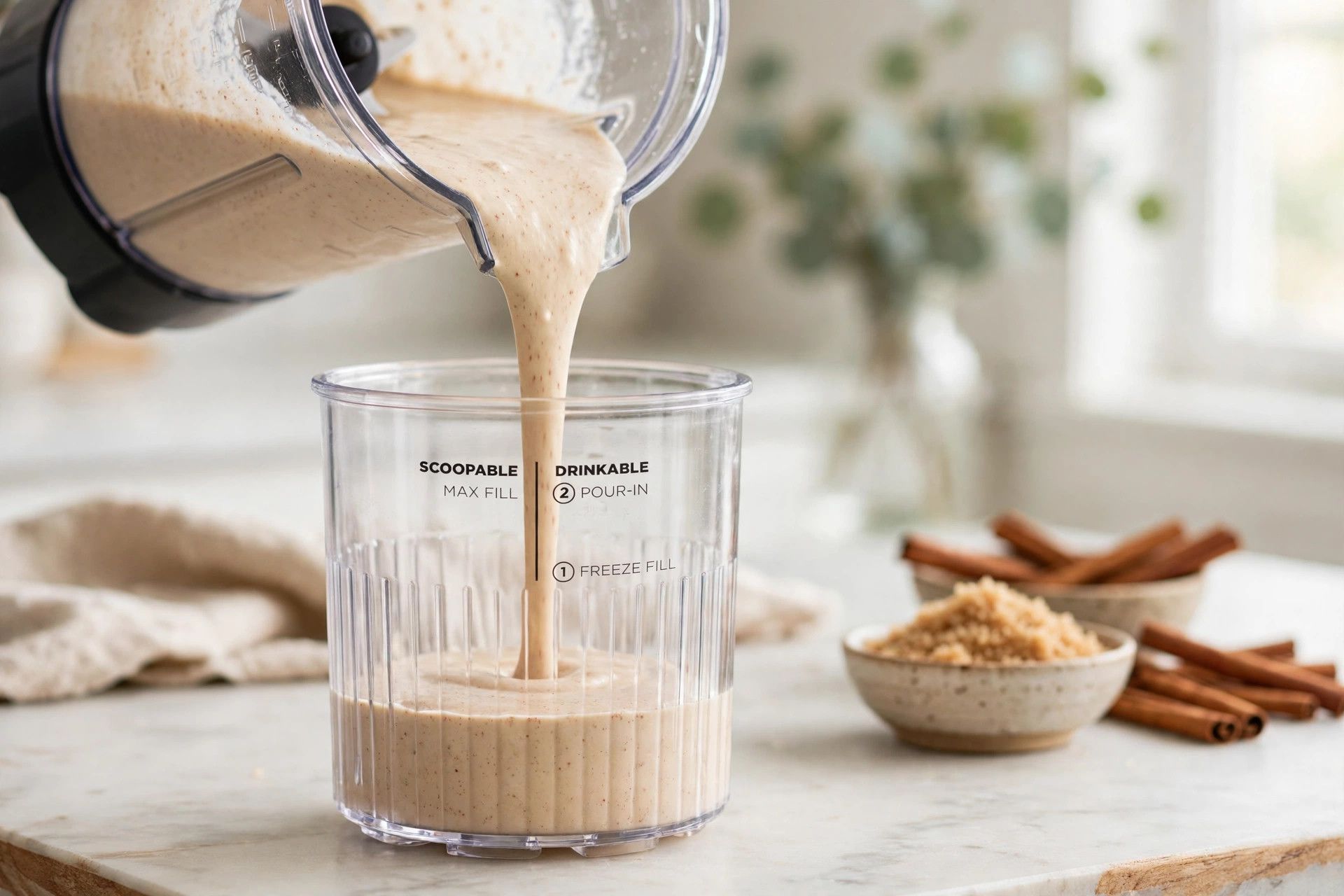 Pouring the smooth cinnamon roll ice cream base from a blender jug into a Ninja Creami pint container
