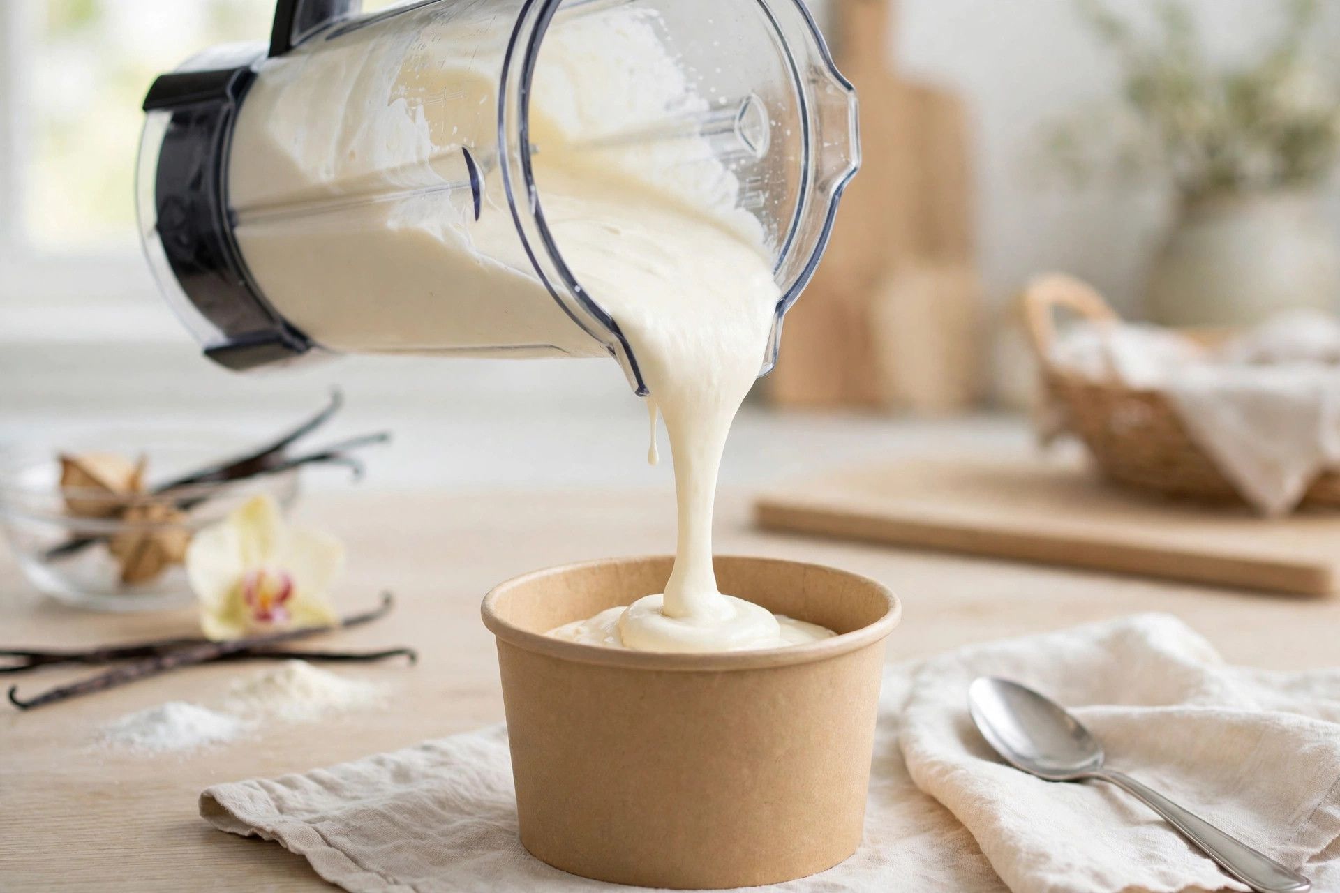 Pouring the smooth coconut cream base from a blender jug into a Ninja Creami pint container