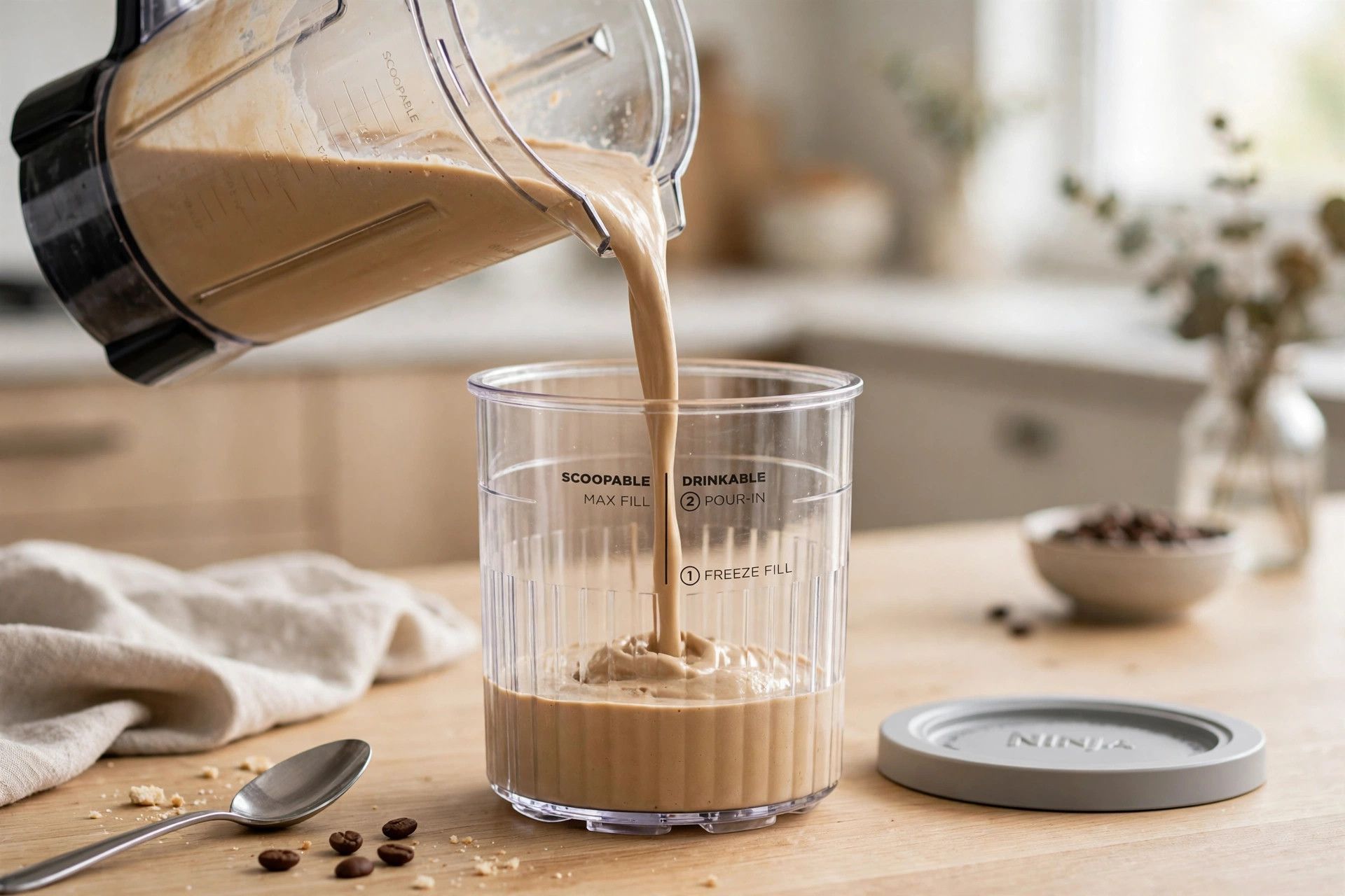 Pouring the coffee crunch ice cream base from a blender jug into a Ninja Creami pint container