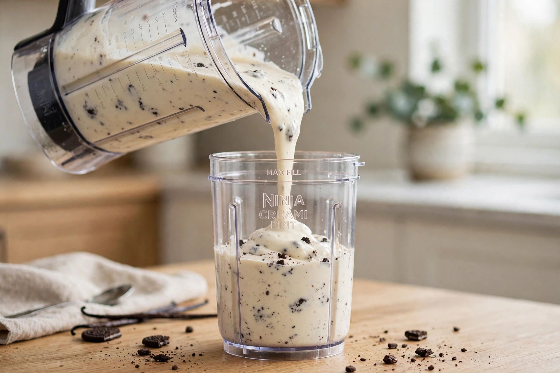 Pouring the smooth vanilla cookies and cream base from a blender jug into a Ninja Creami pint container