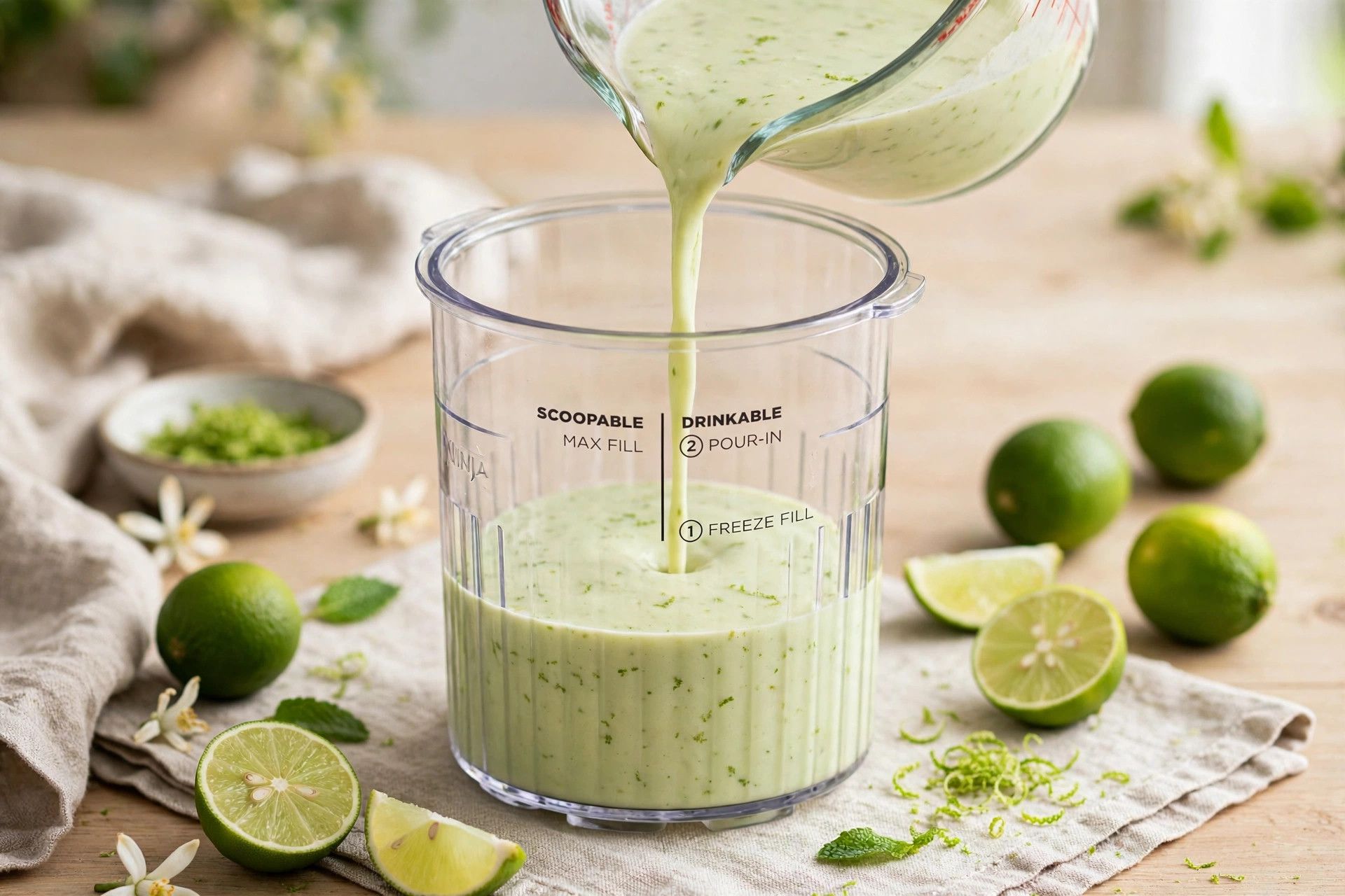 Pouring the key lime ice cream base into a Ninja Creami pint container