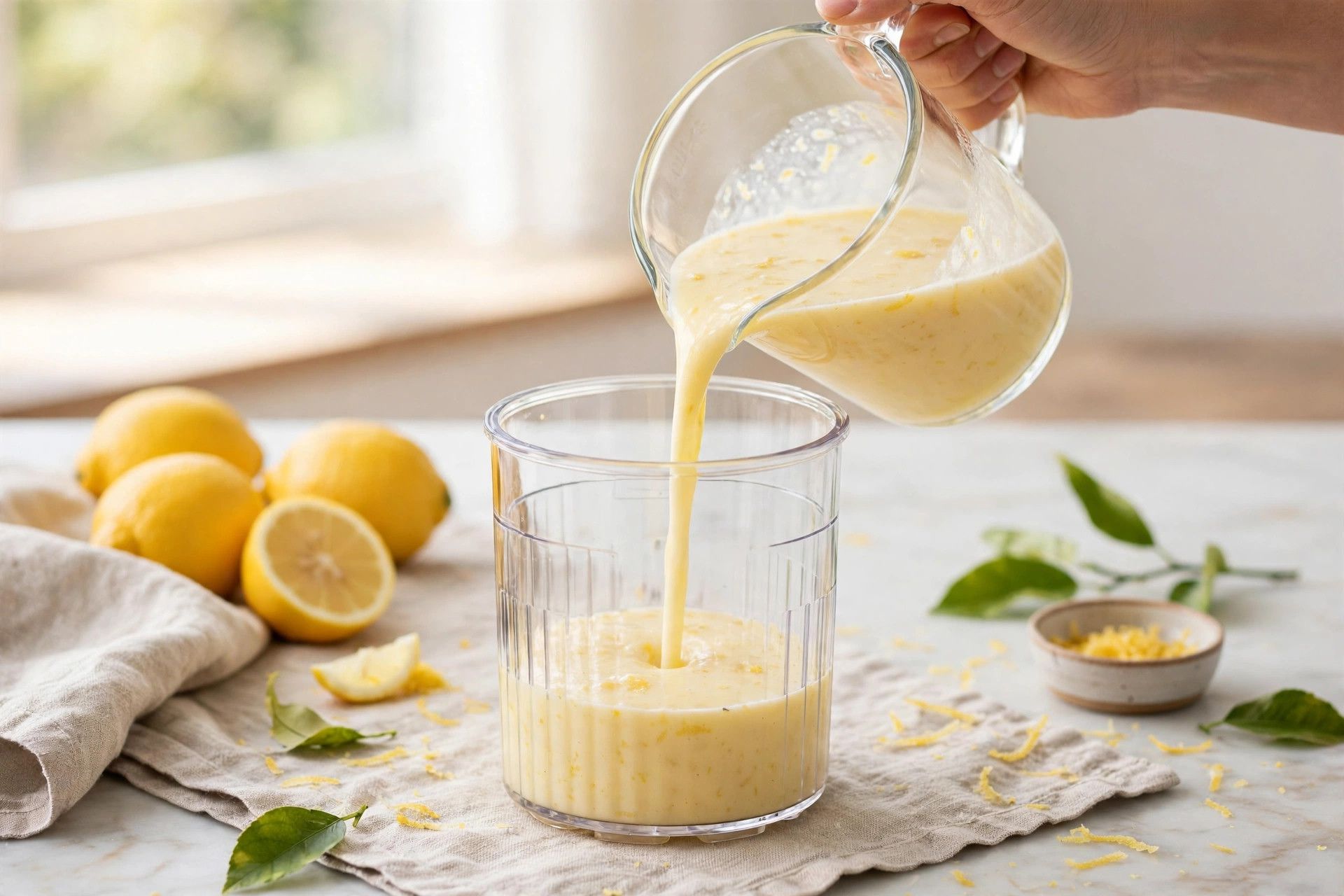 Pouring the lemon ice cream base into a Ninja Creami pint container