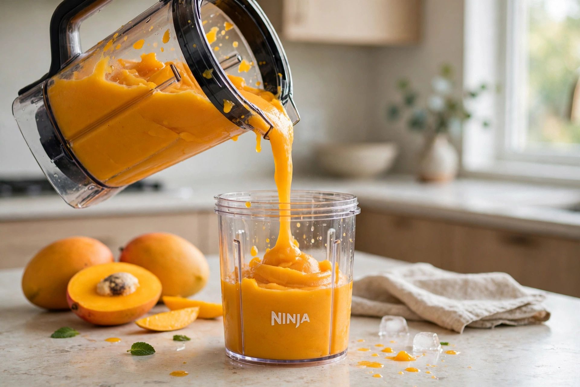 Pouring the bright mango sorbet base from a blender jug into a Ninja Creami pint container