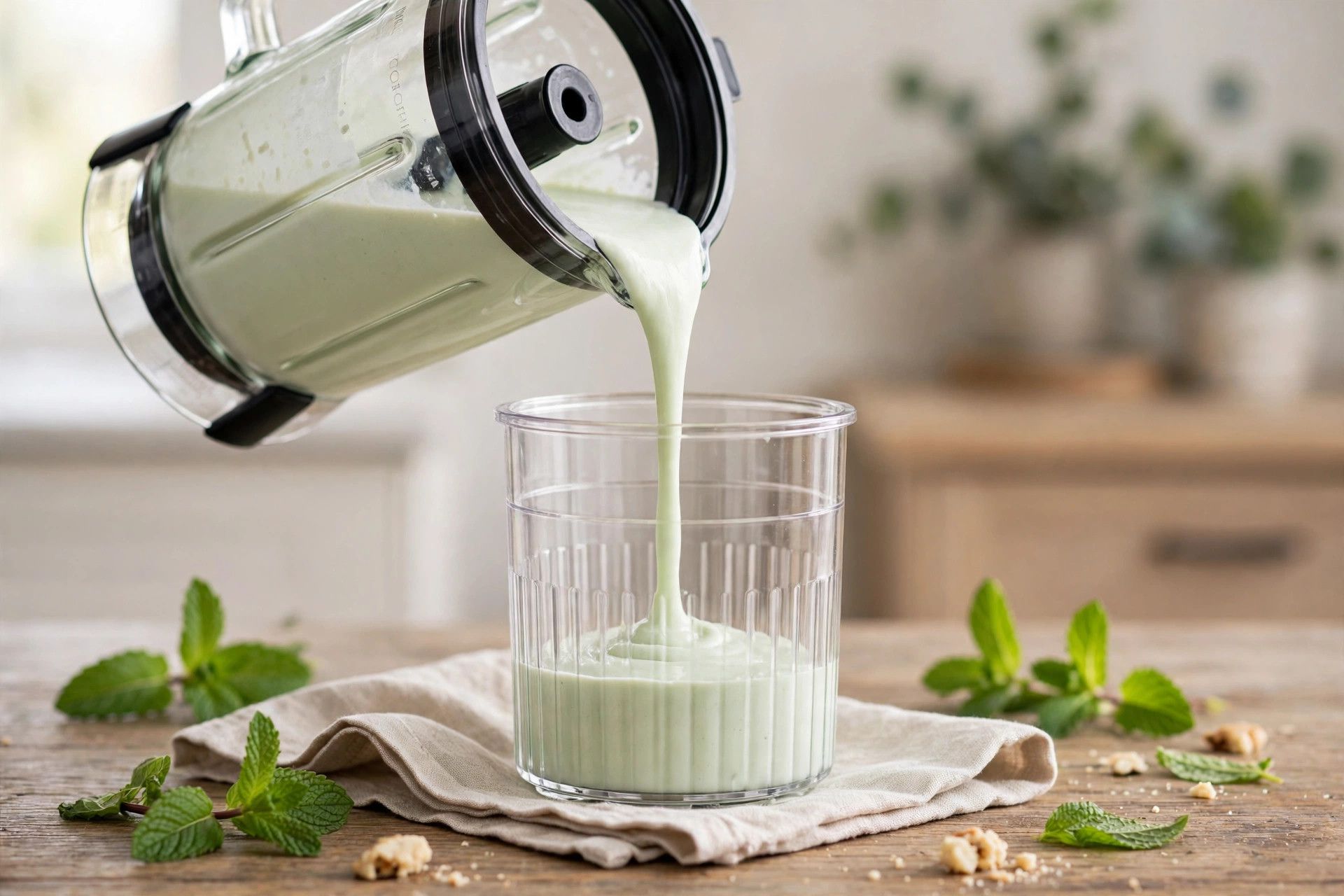 Pouring the pale mint ice cream base from a blender jug into a Ninja Creami pint container