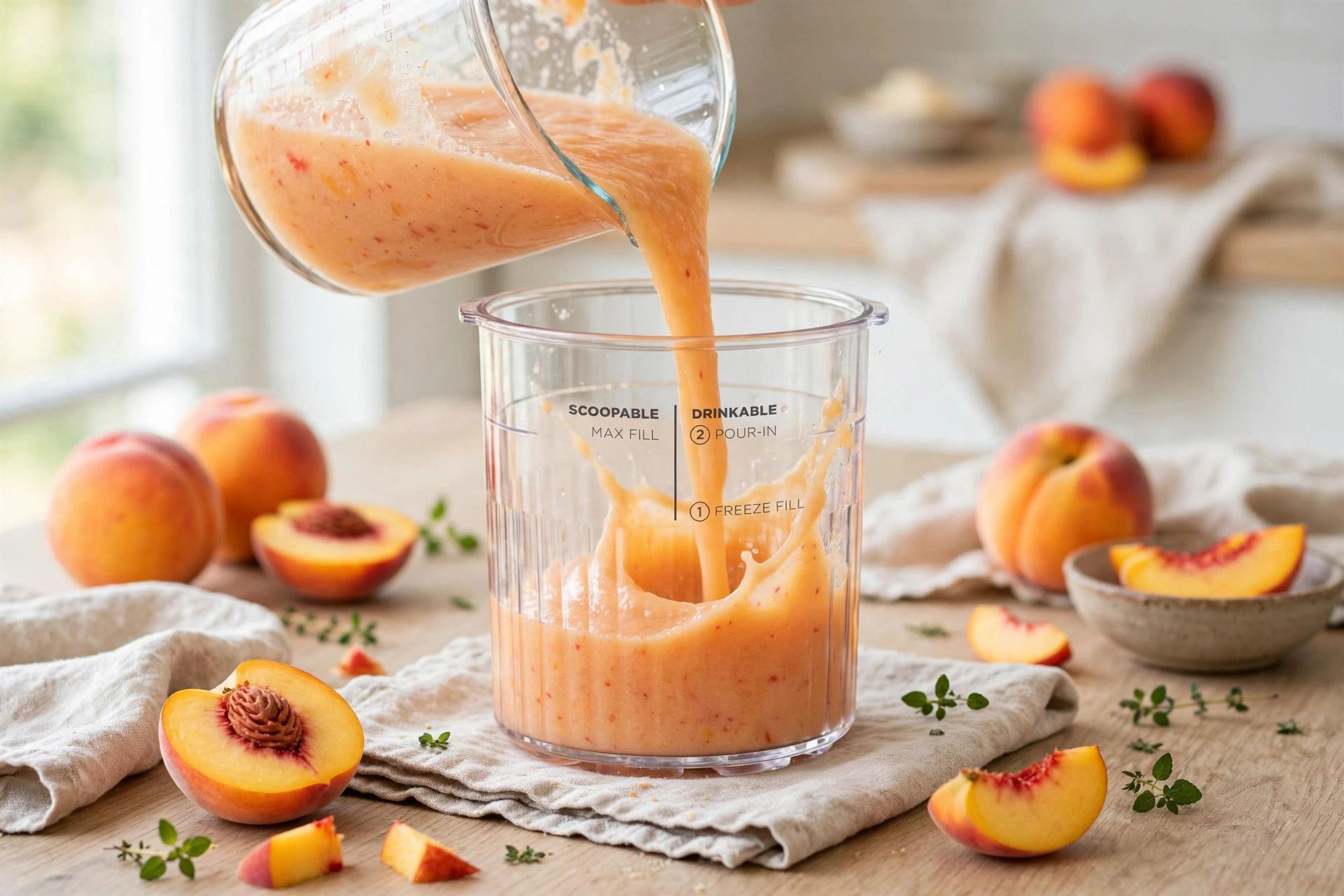 Pouring the peach ice cream base into a Ninja Creami pint container