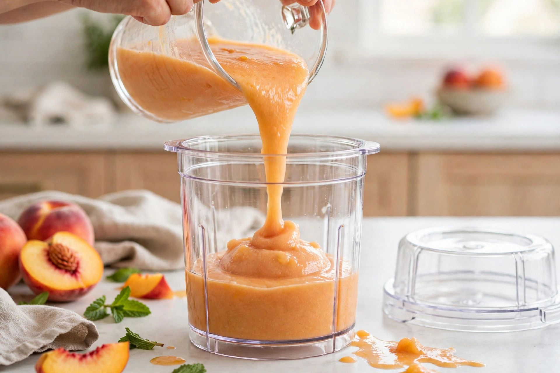 Pouring the smooth peach sorbet base from a blender jug into a Ninja Creami pint container