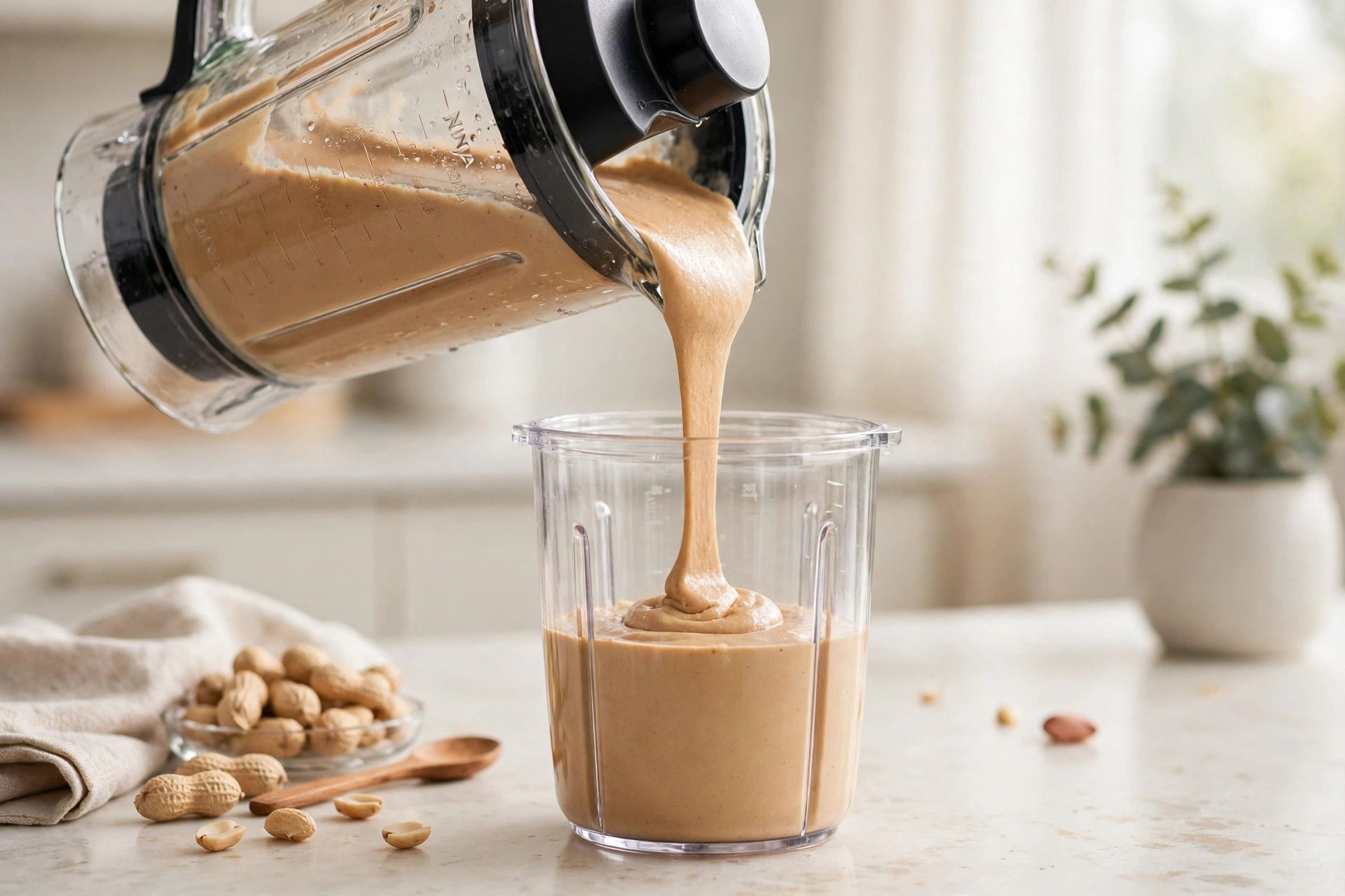 Pouring the smooth peanut butter ice cream base from a blender jug into a Ninja Creami pint container