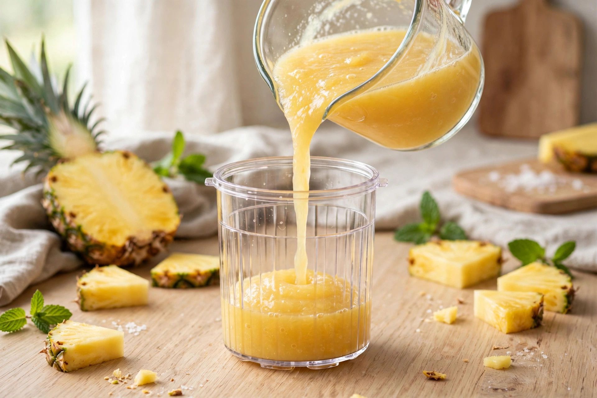 Pouring the pineapple sorbet base into a Ninja Creami pint container