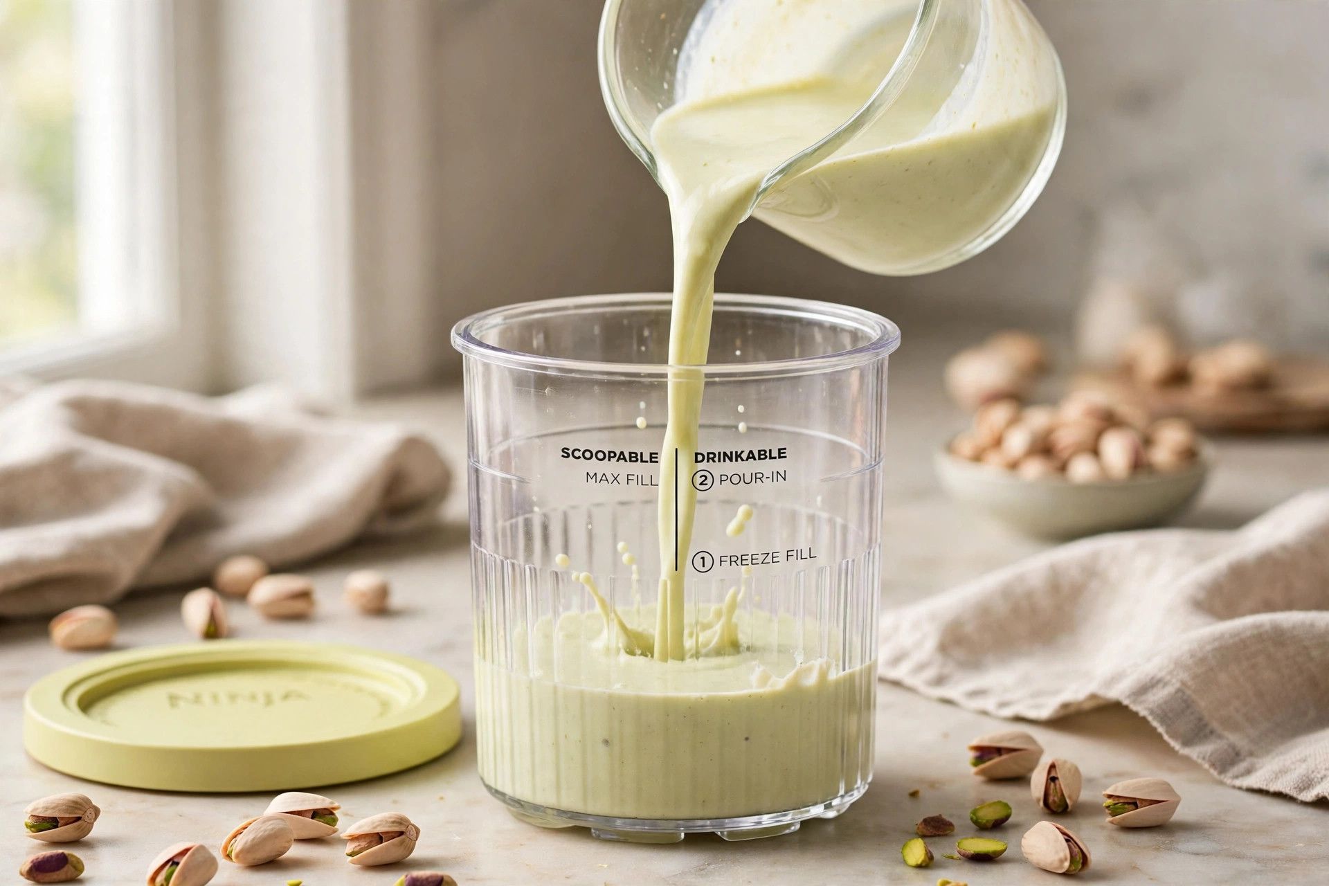 Pouring the pale green pistachio ice cream base into a Ninja Creami pint container